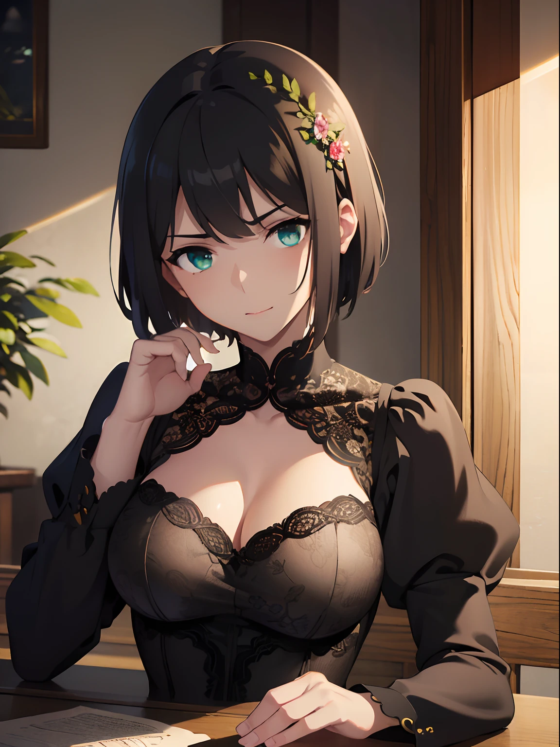 masterpiece, best quality, highres, best shadow, best illumination, finely detail, warm lighting, bright colors, 1girl, solo, elizabeth_pendragon, green eyes, smug, beautiful face, short hair, black hair, sexy, seductive, clean, pure face, skin, hyper realistic, ultra detailed, detailed eyes, lush body, dramatic lighting, (realistic) realistic, (masterpiece:1.3), (absurdists:1.3), (best quality:1.3), HD, FULL HD, bright lights, best quality, best quality, beautiful lighting, outdoor, (8k extremely detailed CG unit wallpaper), high details, sharp focus, dramatic and photorealistic midjourney painting art, Perhaps a dark black dress will be decorated with bright embroidery, which will emphasize the elegance and individuality of the outfit. It can be a floral ornament, abstract patterns or geometric shapes that add visual interest and beauty to the whole outfit.