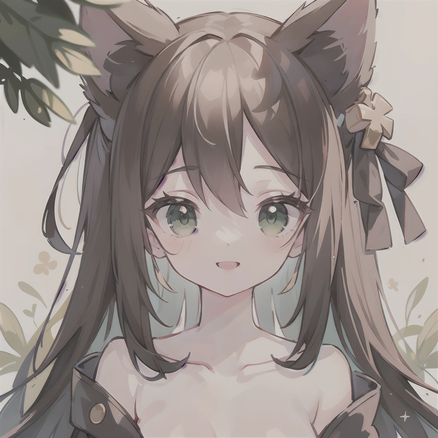 (masterpiece), best quality, beautiful detailed hair detailed face, ultra high res, sharp focus, ((1 woman, solo)), perfect feminine face, very stunning woman, (dressless:1.3), upper body, profile picture shot, looking at the viewer, smiles happily, chesnut brown hair, flowing messy long hair, ((green eyes))