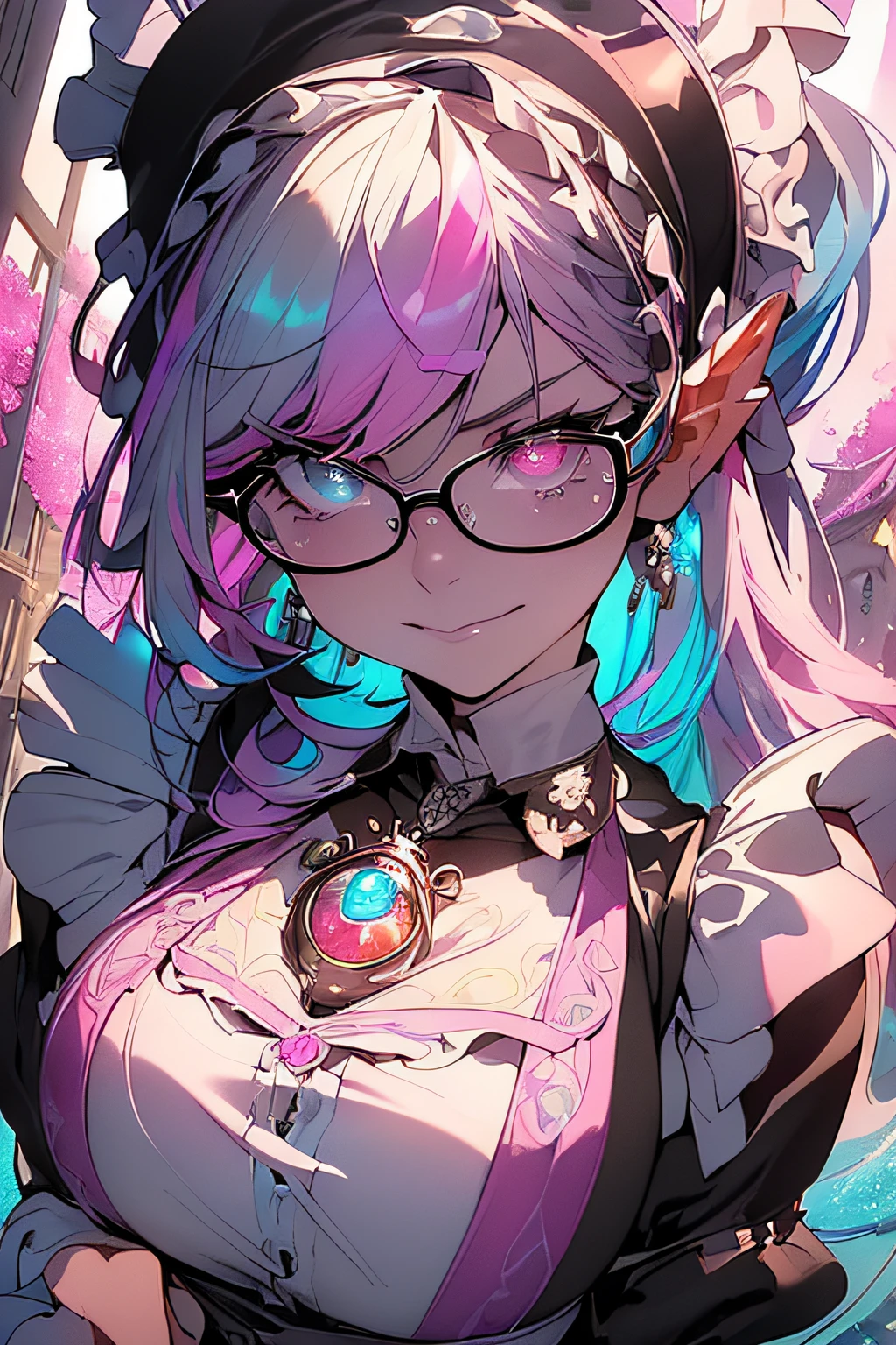 ((​masterpiece、top-quality、Watercolor art(Pendants)、Official art、Beautifully Aesthetic:1.2))、(1girl in:1.3)、(Fractal Art:1.3)、full body Esbian、((Glitter pupils))、patterns、((rainbow-colored hair、colourful hair、Half blue and half pink hair:1.2))、colourfull、(Silver-rimmed glasses)、Writing、heterochromia iridis、(colourfull:1.5)、(((Black Maid Outfit:1.5)))、((The best smile))、((maikurobikini))、(Standing)、(Hyper-detailing), ((delicate detail)), (intricate detailes), ((ciinematic light, best quality backlight)), highcontrast, ((The best lighting, extremely delicate and beautiful)), ((ciinematic light))、(ray trace reflection、brilliance)、((glowing aura))、((Radiant hair))、((The ultra-detailliert))、((8K))、((Western-style house))、((Embarrassed face))