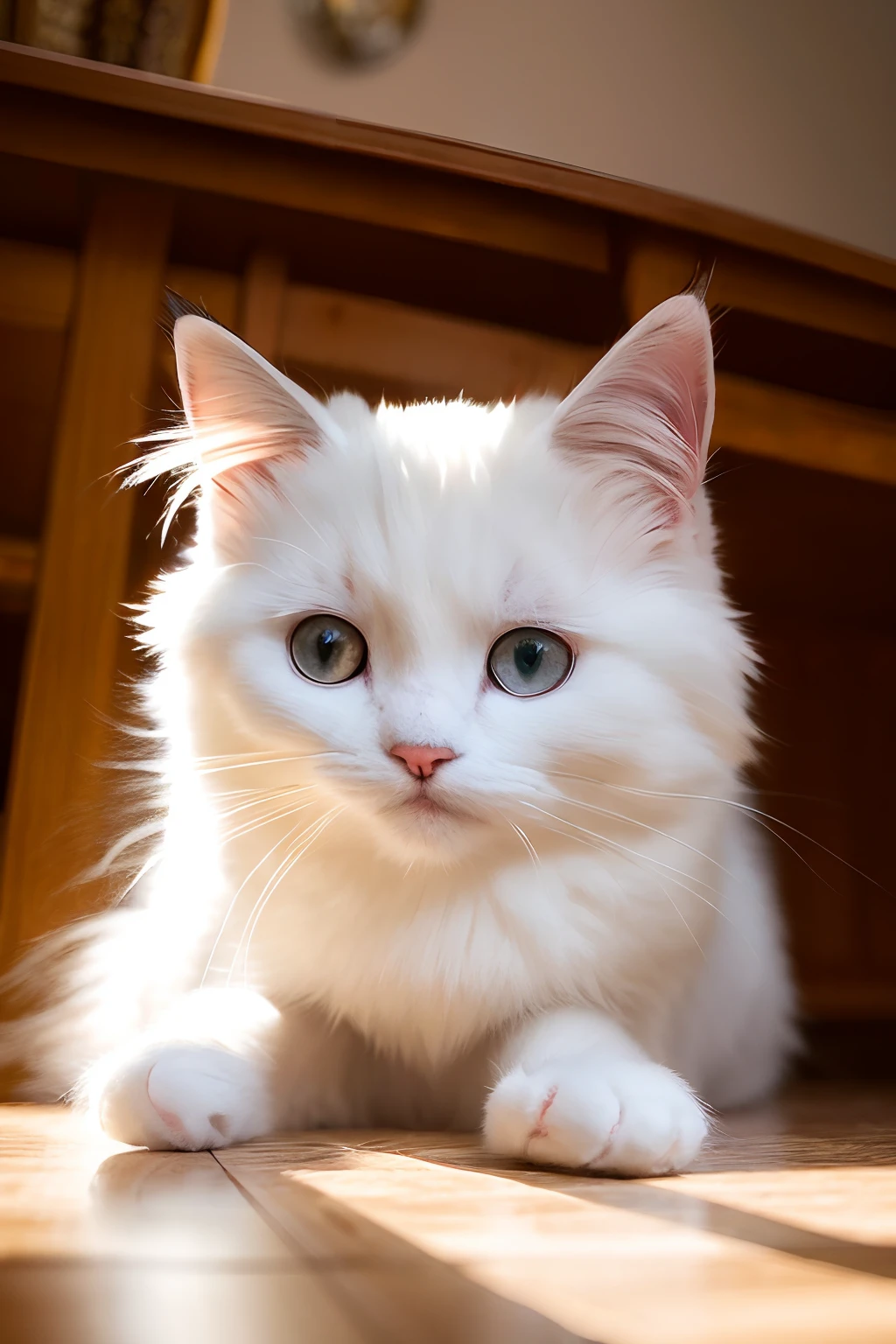 Cats、(Himalayan)、White fluffy fur(((Has a small)))、Showing your face、Putting out the front paws、8K、professional photograpy、Delicate、Vivid、on table、in a house、Sheer sunlight、Light leak、masterpiece、(((lovely)))、(reality)、plushies、Round pupils