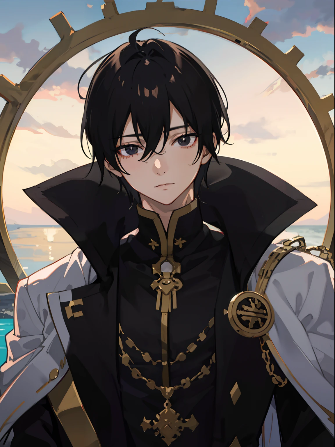 Masterpiece, Best Quality, hiquality, 1boy, 独奏, male focus, looking a viewer, upper-body, Zeref, Greek clothes, black hair, black eyes, closed mouth, ombre