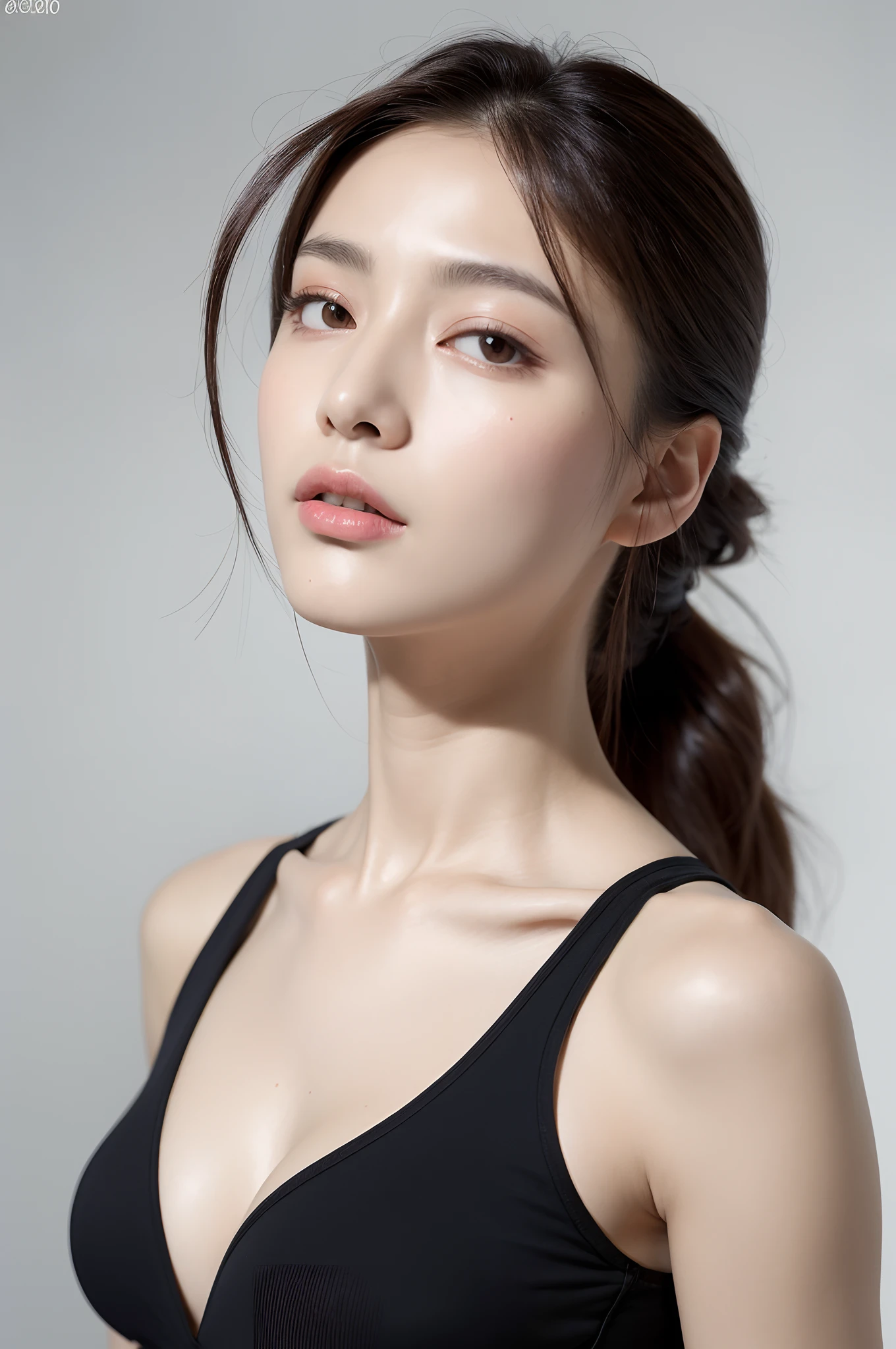 ( (8K:1.27), Best Quality, Masterpiece, Ultra High Resolution:1.2) Photo Beautiful Chinese Woman (Beauty:1.1) (Yoga Wear:1.21) Gregg Rutkowski and Alphonse Mucha design intricate elegance, fantasy, detail, geometry, gradient lighting, 1girl, delicate skin, looking at the viewer, brown eyes, (high ponytail: 1.2), (medium breasts: 1.0), (medium areola: 0.8), (Photorealistic:1.4), (Best Quality:1.0), (Ultra High Resolution:1.0), 8K, RAW Photo, (Masterpiece:0.2), (pureerosface_v1:0.5)