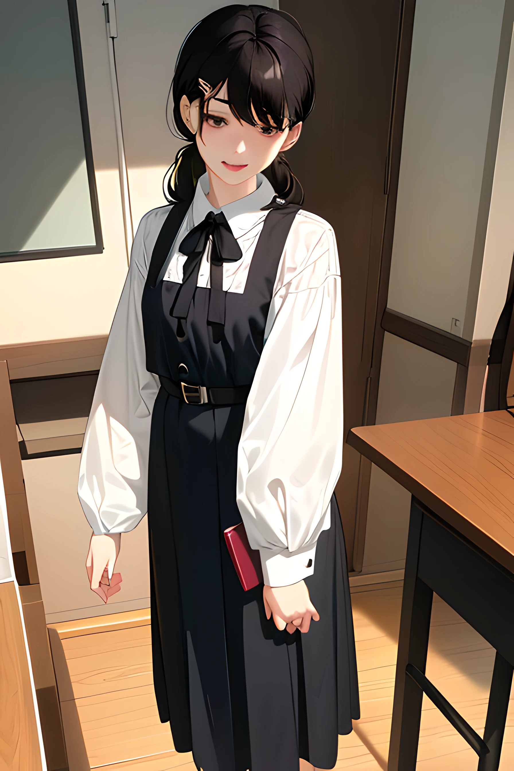 8k, raw camera, highres, detailed, masterpiece, portrait, photorealistic, hyperrealist, aesthetic, beautiful, best quality, highly detaile, best quality clothing, aesthetic clothings, professional angle, rule of thirds, Feminine, delicate, beautiful, 19 years, attractive Japanese, solo, 1 girl, (Asa Mitaka), (In School Classroom ), (Full body), ((From Front) Shallow Depth of Field), -, ((Calm)), (Medium Hair, Black Hair), (Loose Hair, Bangs, Hair Clip on one Side of the Bangs, Semi Wavy Hair), ((Twin Tails Back)), (Dark Brown Eyes, Open Eyes, Concentrated Gaze), (-, Hands Down Holding Book), (Standing, Mouth Closed Smiling), -, -, (Medium Bust), ((Black Pinafore and White Shirt underneath, Long Sleeves)), (Black Ribbon, Black Belt, -), (-), beautiful body, beautiful eyes, shiny eyes, shiny hair, beautiful mouth, beautiful lips, beautiful skin, beautiful teeth, perfect teeth, beautiful face