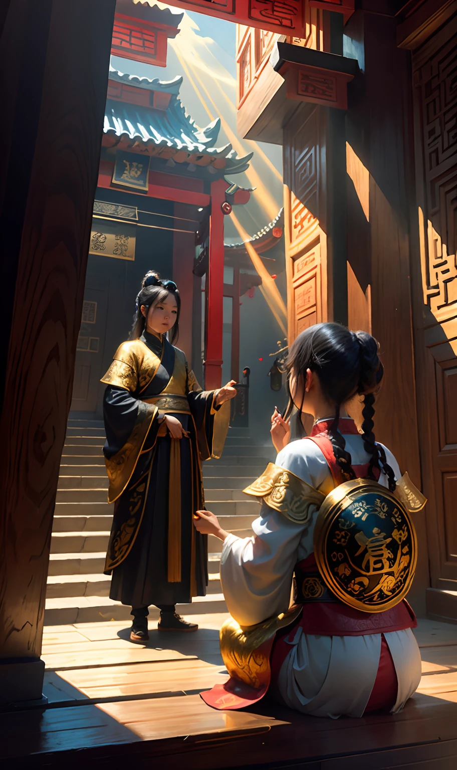 Shine Taoism,Taoist gold,Chinese immortals,one-girl, whaite hair,Kamimei,Ancient Chinese clothing,Chinese immortals,The gods descend,Super light effect, rays of sunshine, Clear face, Clean white background, tmasterpiece, super detailing, Epic composition, hyper HD, high qulity, extremely detaile, offcial art, super detailing, 32k -- v 6,Ancient Chinese Taoist priest and a little girl,2 people,The man shone with a golden light,The little girl is a fairy,large scene,