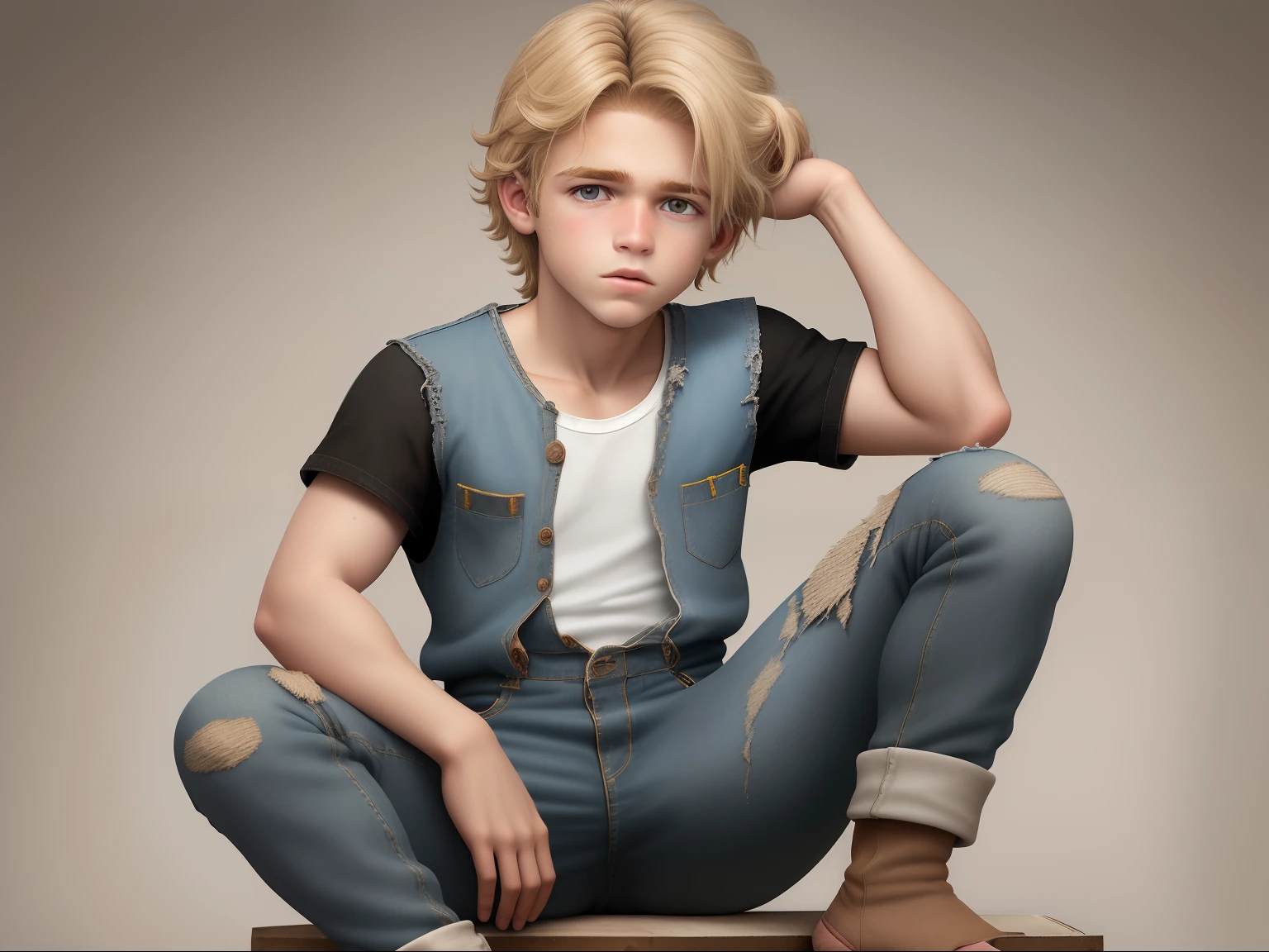 Garoto de 5 anos, branco, fofo, medium brownish blond hair, olhos caramelo amarronzado, boca e nariz de bode, pequenos chifres nascendo na testa, wearing a battered black denim jumpsuit, camisa branca e um sapato de couro