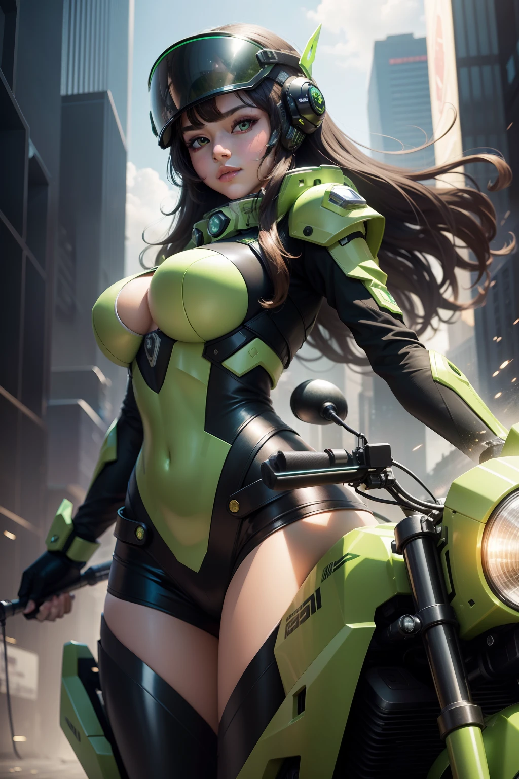 Highest image quality, outstanding details, ultra-high resolution, (realism: 1.4), the best illustration, favor details, highly condensed 1girl, with a delicate and beautiful face, dressed in a black and green mecha, wearing a mecha helmet, holding a directional controller, riding on a motorcycle, the background is a high-tech lighting scene of the future city.