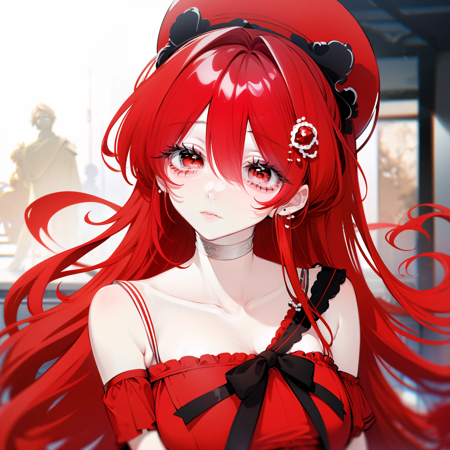 red tinted hair,Half-length statue of a girl,k hd,4K,face expressionless,style of anime,sideface,white backgrounid,