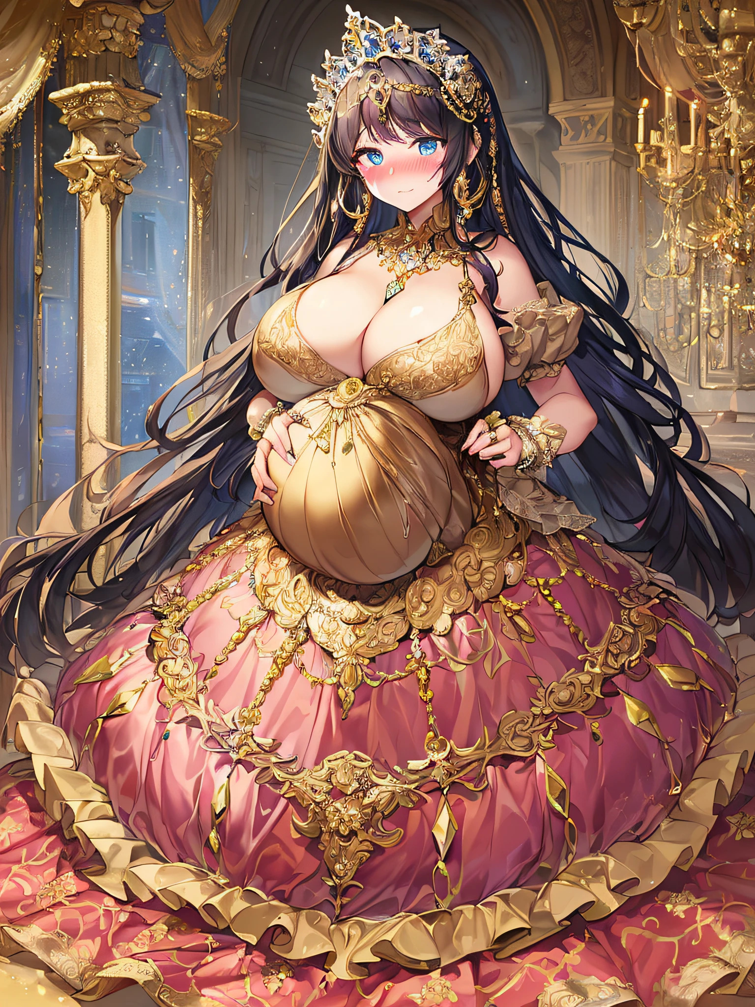 ((anime artstyle)),(Masterpiece),(Best Quality), (Super Detail),((Very Delicate and Beautiful)),(((Solo))),((full body)),(((1 bling-bling pregnant princess in beautiful embroidery and jeweled gorgeous rococo ball gown dress with voluminous full length hoop skirt))),((heavily pregnant)),very big pregnant belly,((bling-bling)),Long train,(bling-bling gorgeous gemstone jewelry),detailed face and eyes,jewel-like eyes,cry,(((embarrassed))),((large amount of straight hair,extremely voluminous Very Long Hair,Very Long Straight Hair)),(((gigantic tits,Long tits))),cleavage,(gorgeousfull embroidery and lace),gorgeous corsage,See-through,extremely gorgeousfull hair ornament,((bling-bling extremely gorgeousfull jeweled tiara)),ornate ruffles,(hoop skirt,crinoline),((Dynamic Angle)),Looking at viewer,((royal bedroom)),((full body)),((beautiful embroidery and jeweled extremely gorgeous rococo ball gown dress with voluminous full length hoop skirt))