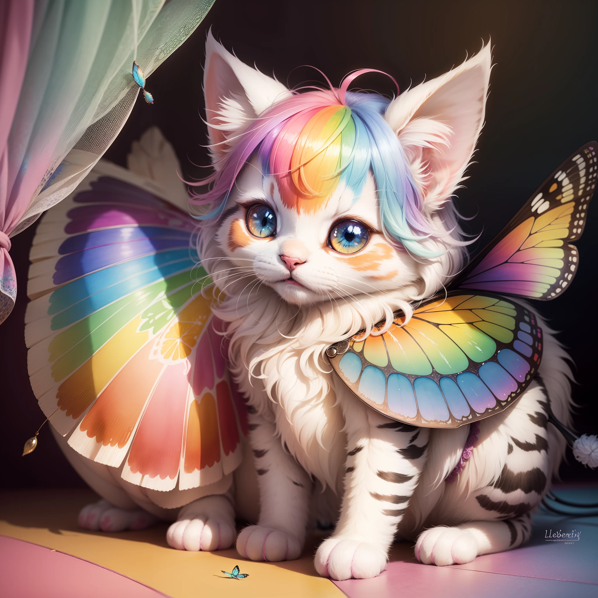 “highly detailed watercolor of an adorable rainbow fluffy kitten with a butterfly on its nose, Lyrical abstraction, watercolor, detailed and intricate, colorful, 4K, by Lisa Frank, Jean Baptiste Monge and Robert Oxley; highly detailed; delicate kitten fur; detailed chibified reflective eyes”