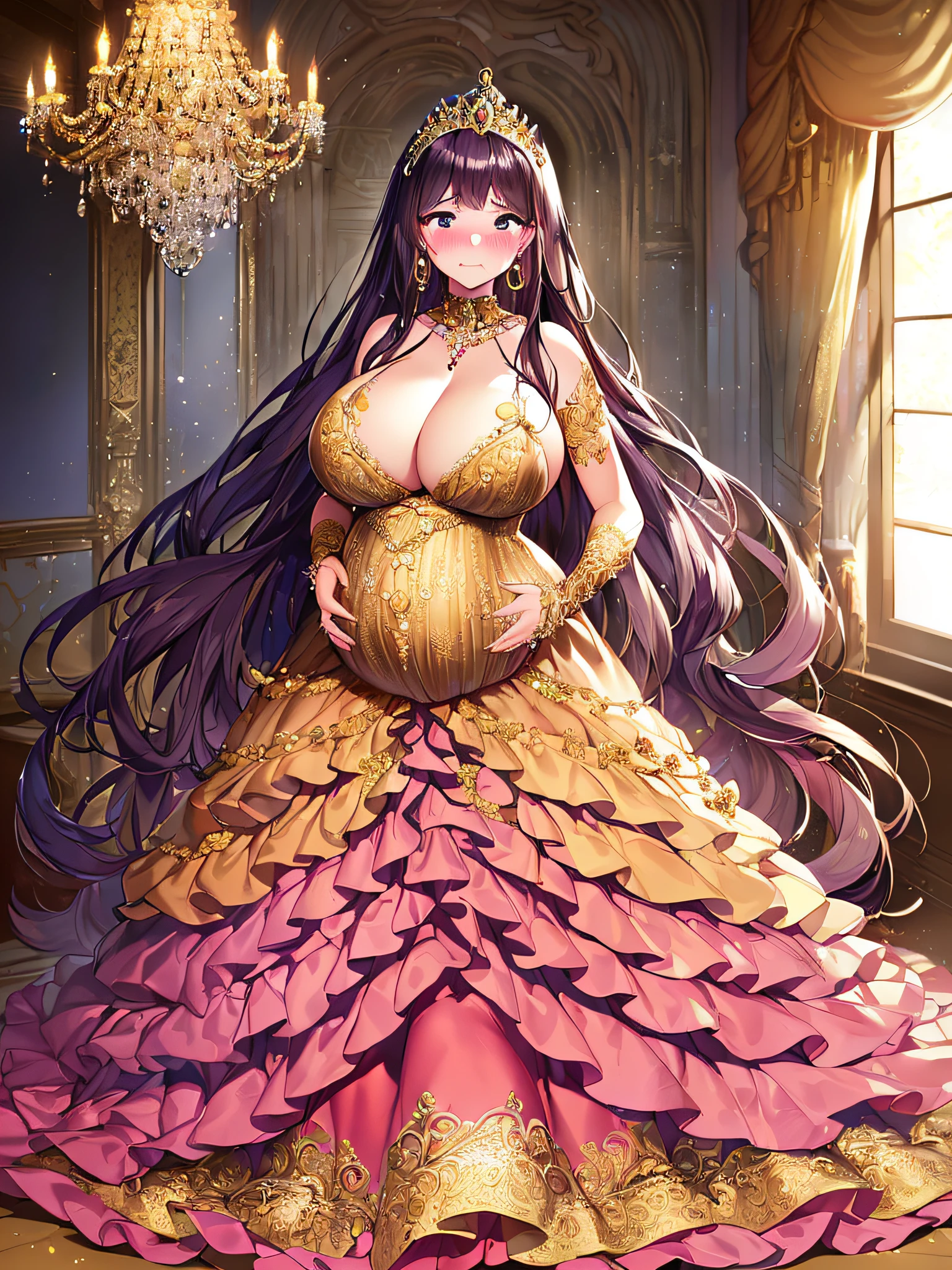 ((anime artstyle)),(Masterpiece),(Best Quality), (Super Detail),((Very Delicate and Beautiful)),(((Solo))),((full body)),(((1 bling-bling pregnant princess in beautiful embroidery and jeweled gorgeous rococo ball gown dress with voluminous full length hoop skirt))),((heavily pregnant)),very big pregnant belly,((bling-bling)),Long train,(bling-bling gorgeous gemstone jewelry),detailed face and eyes,jewel-like eyes,cry,(((embarrassed))),((large amount of straight hair,extremely voluminous Very Long Hair,Very Long Straight Hair)),(((gigantic tits,Long tits))),cleavage,(gorgeousfull embroidery and lace),gorgeous corsage,See-through,extremely gorgeousfull hair ornament,((bling-bling extremely gorgeousfull jeweled tiara)),ornate ruffles,(hoop skirt,crinoline),((Dynamic Angle)),Looking at viewer,((royal bedroom)),((full body)),((beautiful embroidery and jeweled extremely gorgeous rococo ball gown dress with voluminous full length hoop skirt))
