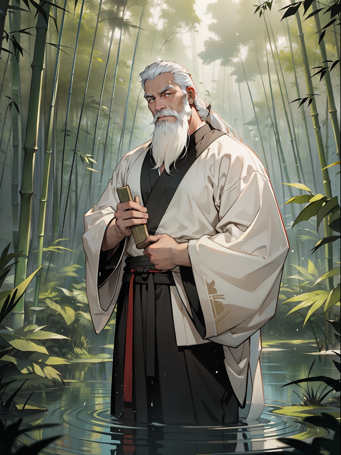 Deep in the bamboo forest, Chinese Ancient Times,raining day, A middle-aged male, 50yearsold, With a beard,long whitr hair,emaciated,dressed white hanfu, Standing in a bamboo forest, A hand touched his beard,Place one hand behind your back,look up to,Quiet, Cinematic lighting, in a panoramic view, Masterpiece, ccurate, Super detail, Award-Awarded, Best quality