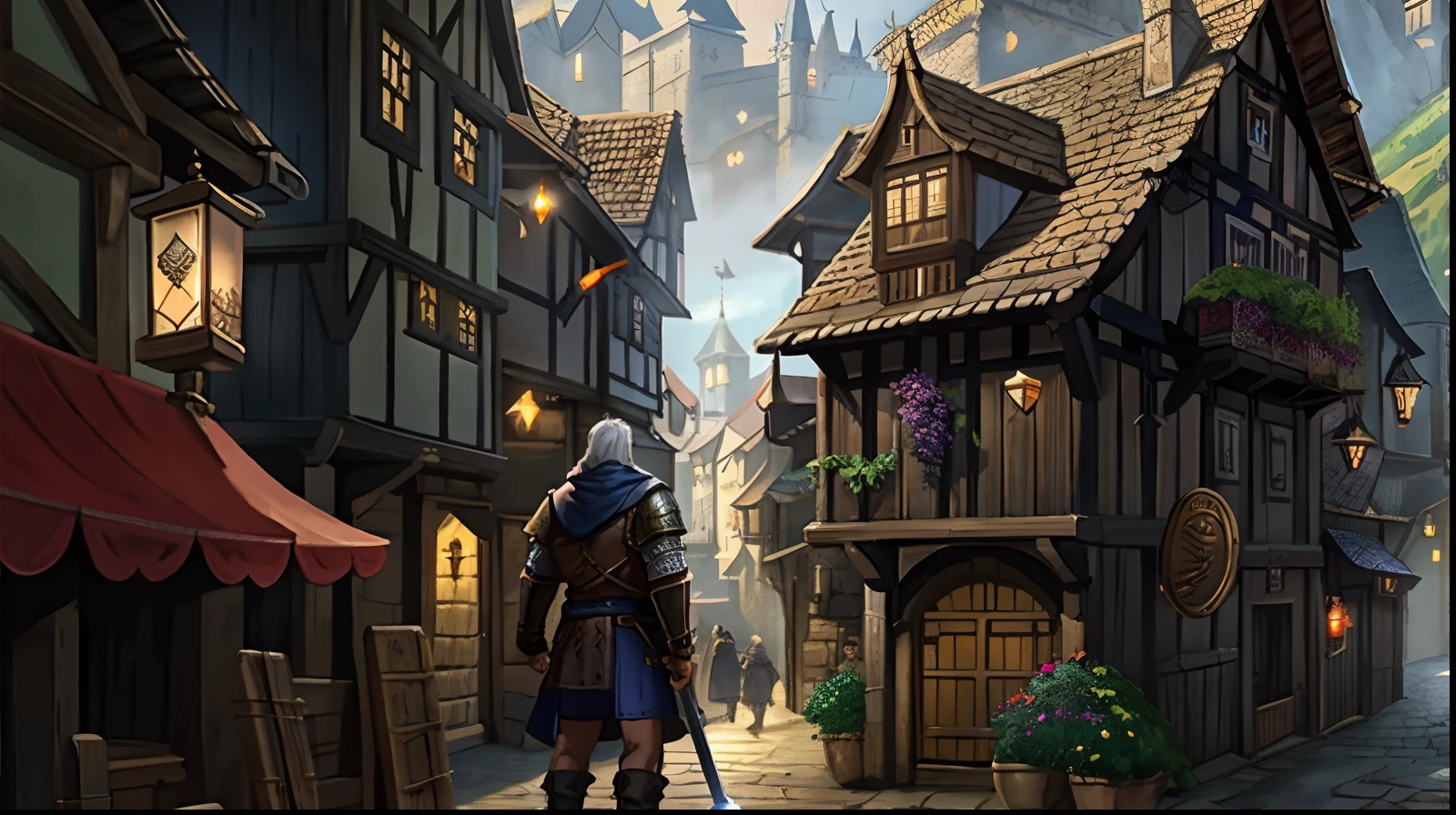 arafed image of a man standing in a street with a sword, the streets of baldur's gate, roleplaying game art, medieval fantasy game art, medieval concept art, medieval town, the witcher concept art, medieval city, rpg scene, town background, fantasy town setting, rpg art, a medieval city, rpg illustration