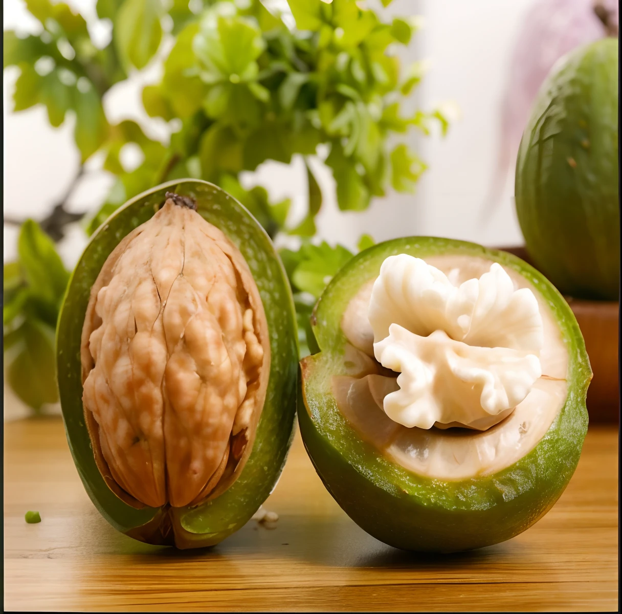 On the table there is a walnut shell and a green-skinned walnut, nut, walnuts, F 2.5, Nuttavut baiphowongse, F 2. 4, F 2. 0, 240p, eating rotting fruit, avocado, Wang Chen, F2.8, F 2.8, F 2. 8