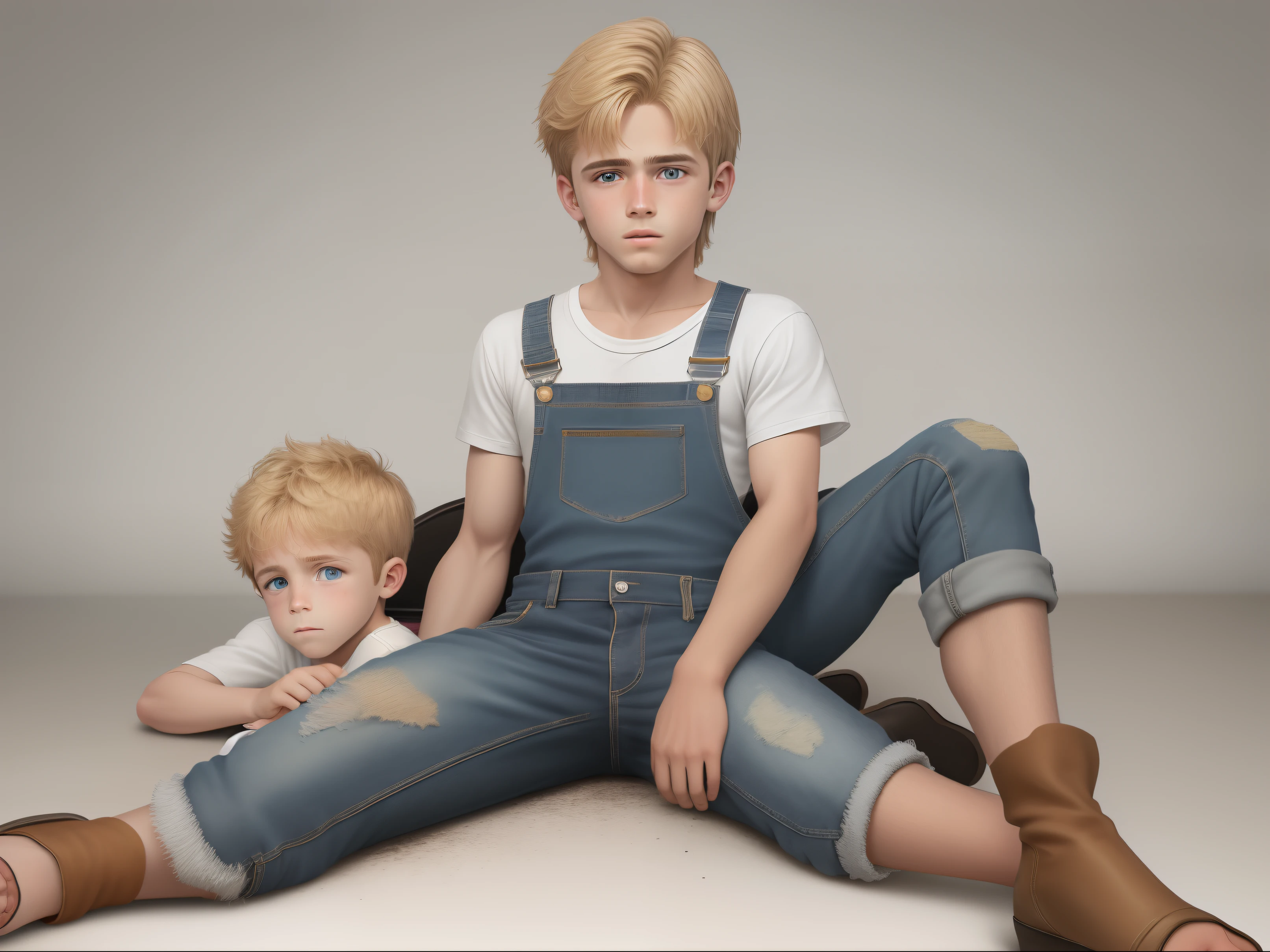 Garoto de 5 anos, branco, fofo, medium brownish blond hair, olhos caramelo amarronzado, boca e nariz de bode, pequenos chifres nascendo na testa, wearing a battered black denim jumpsuit, camisa branca e um sapato de couro