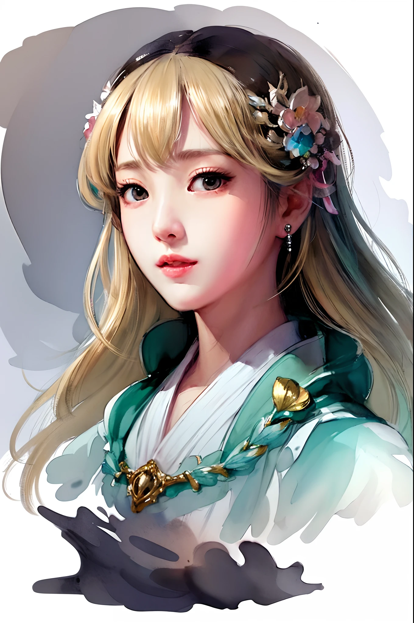 stechu,(white background:1.4), ((tachi-e)), original,(illustration:1.1),(best quality),(masterpiece:1.1),(extremely detailed CG unity 8k wallpaper:1.1), (colorful:0.9),(panorama shot:1.4),(solo:1.2), (ink splashing),(color splashing),((watercolor)), clear sharp focus,{ 1girl standing },((korean style )),flower background,outdoors,rocks, looking at viewer, make happy expressions,soft smile,pure,beautyfull detailed face and eyes,beautyfull intricacy clothing decorative pattern details, yellow hair,green eyes,colorwater