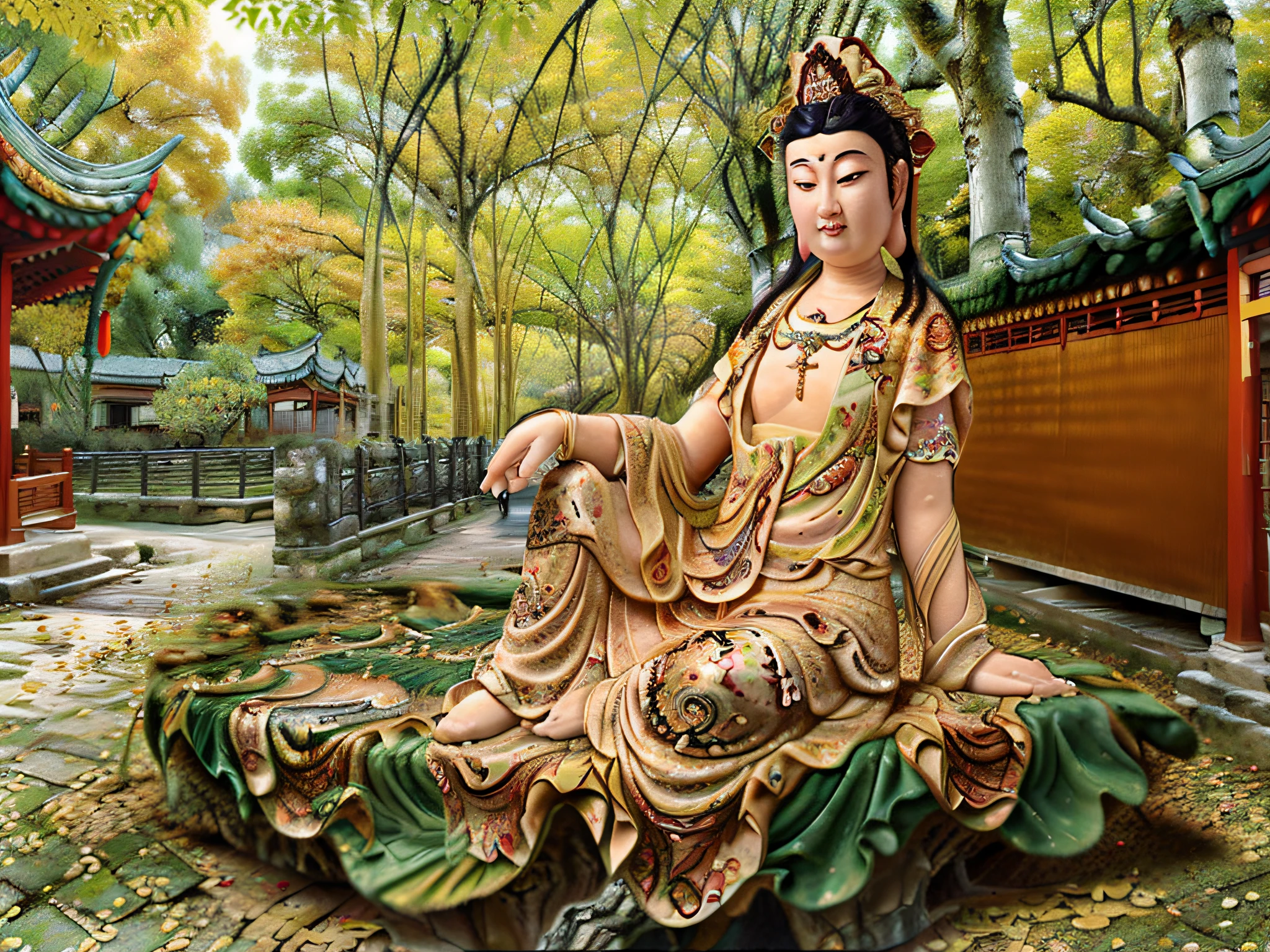 Best quality, Masterpiece, 1 woman,  Full body portrait, Detailed face, Beautiful eyes, Slightly set eyes, In the autumn ginkgo forest, Ancient Chinese architecture, Ancient architecture of the Tang Dynasty, Very detailed background. Solo