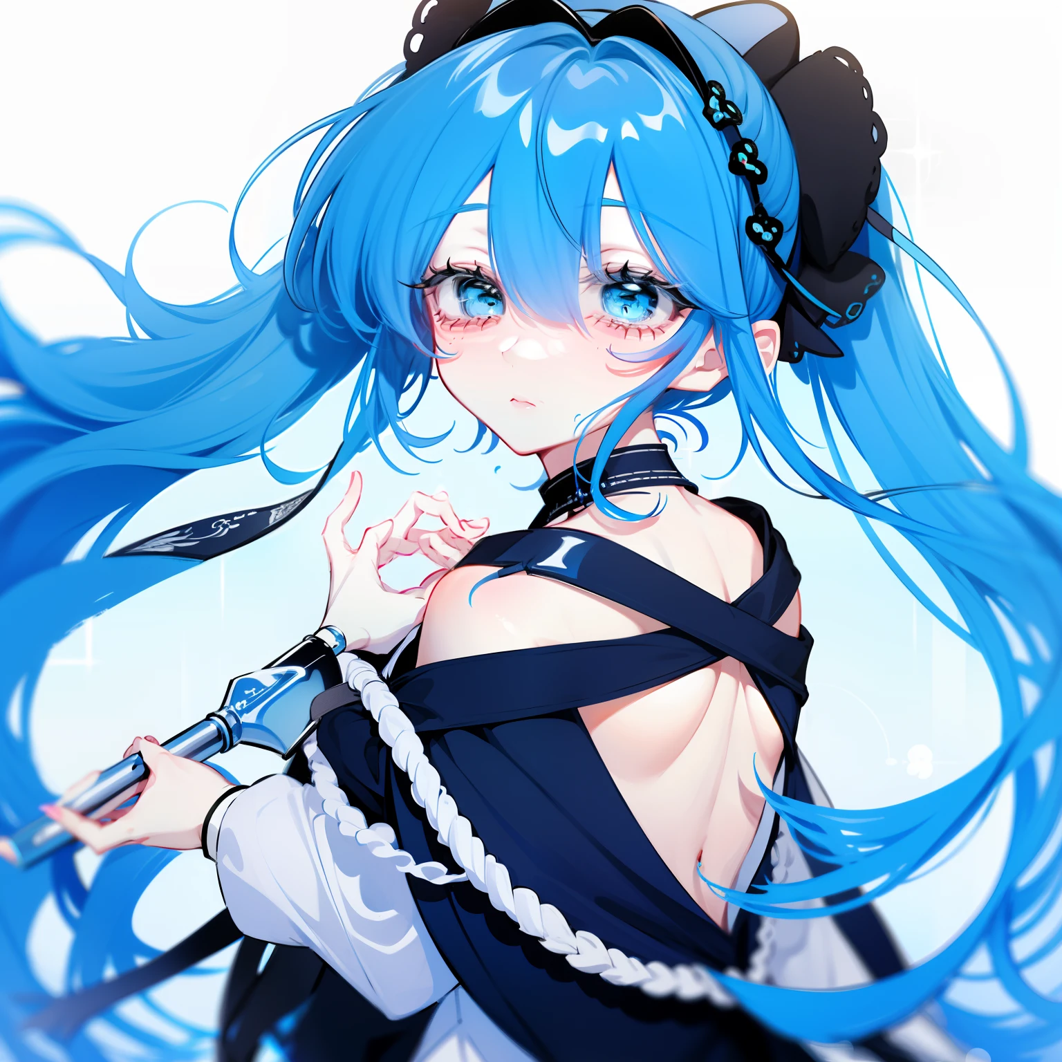 blue hairs,Half-length statue of a girl,k hd,4K,face expressionless,style of anime,sideface,white backgrounid,