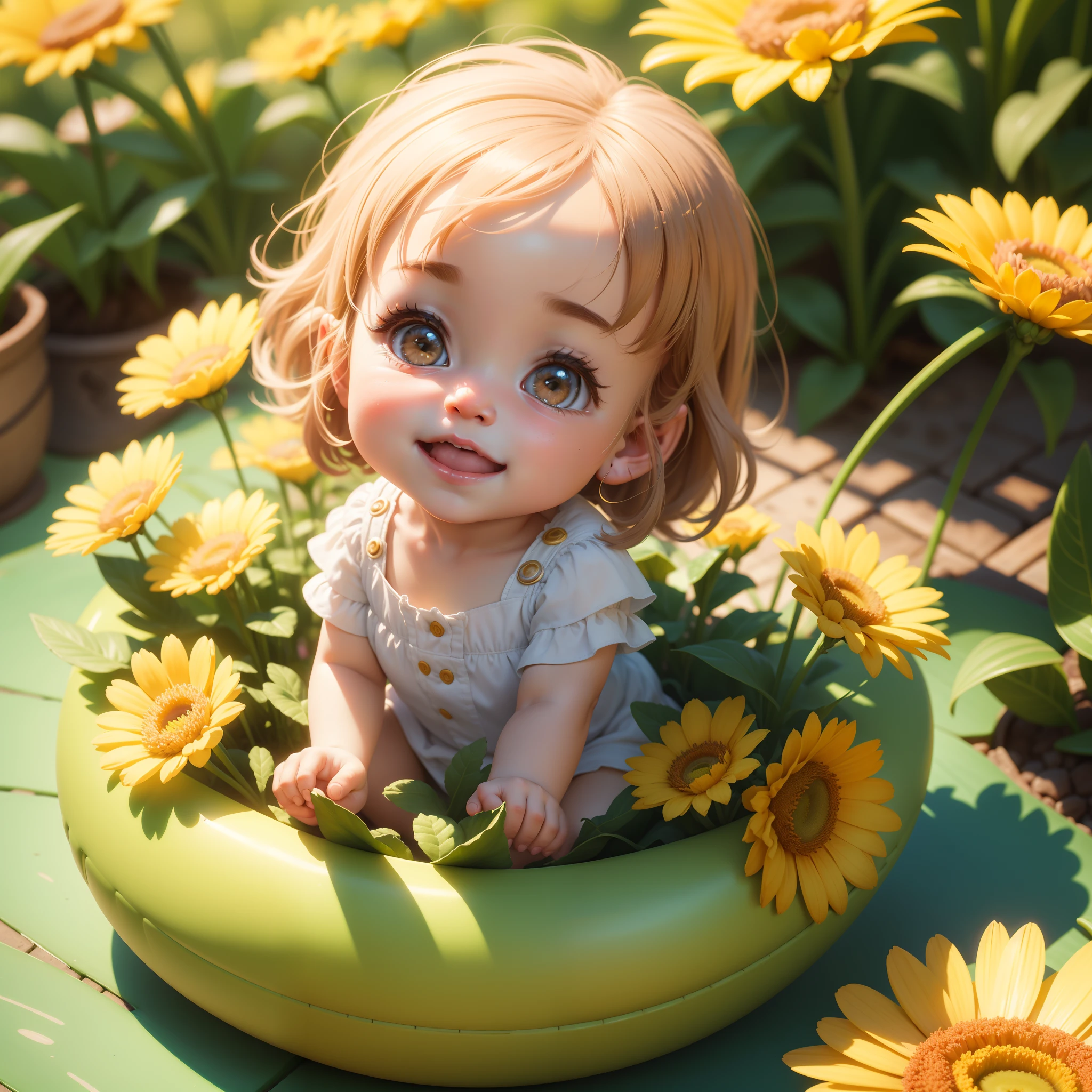 Closeup of an adorable cute happy lovely baby girl surrounded by flowers, CGSociety, Illumination, Lou Xaz, Pixar, Disney, super crisp high fidelity, sunny day, 3D, UHD detailed digital painting, fantastical, intricate detail, concept art, 8k, trending on Artstation, Unreal Engine 5"