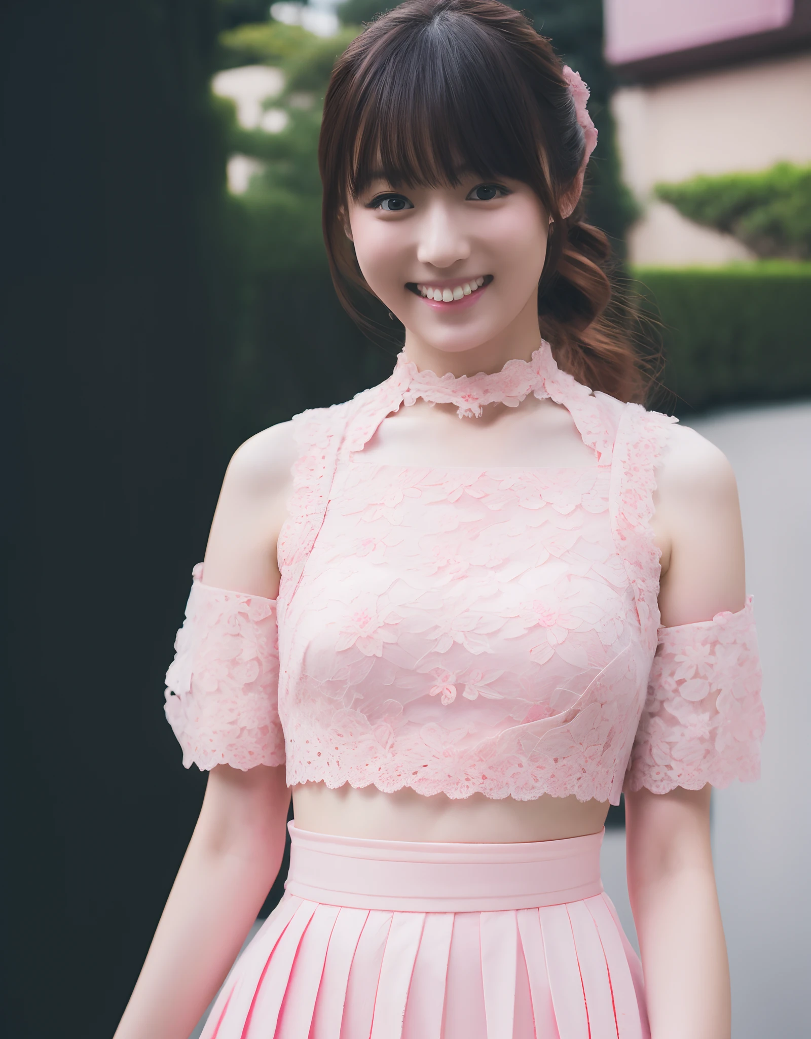 Young Japanese woman in Harajuku outfit, soft blush, lace choker, cute smile. (8K, Best Quality : 1.2), (Masterpiece, Photorealistic : 1.3), Super Detail, anatomically correct