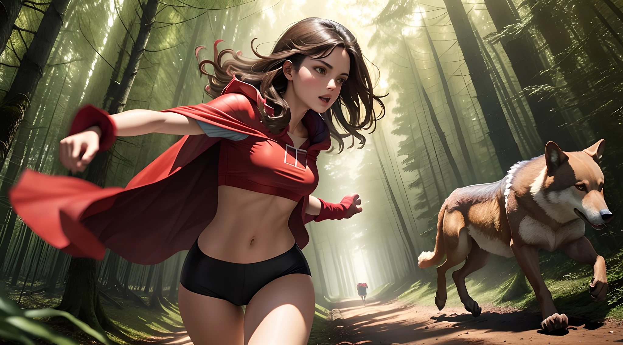 Brunette girl in red cape,A brown wolf,running in the forest
