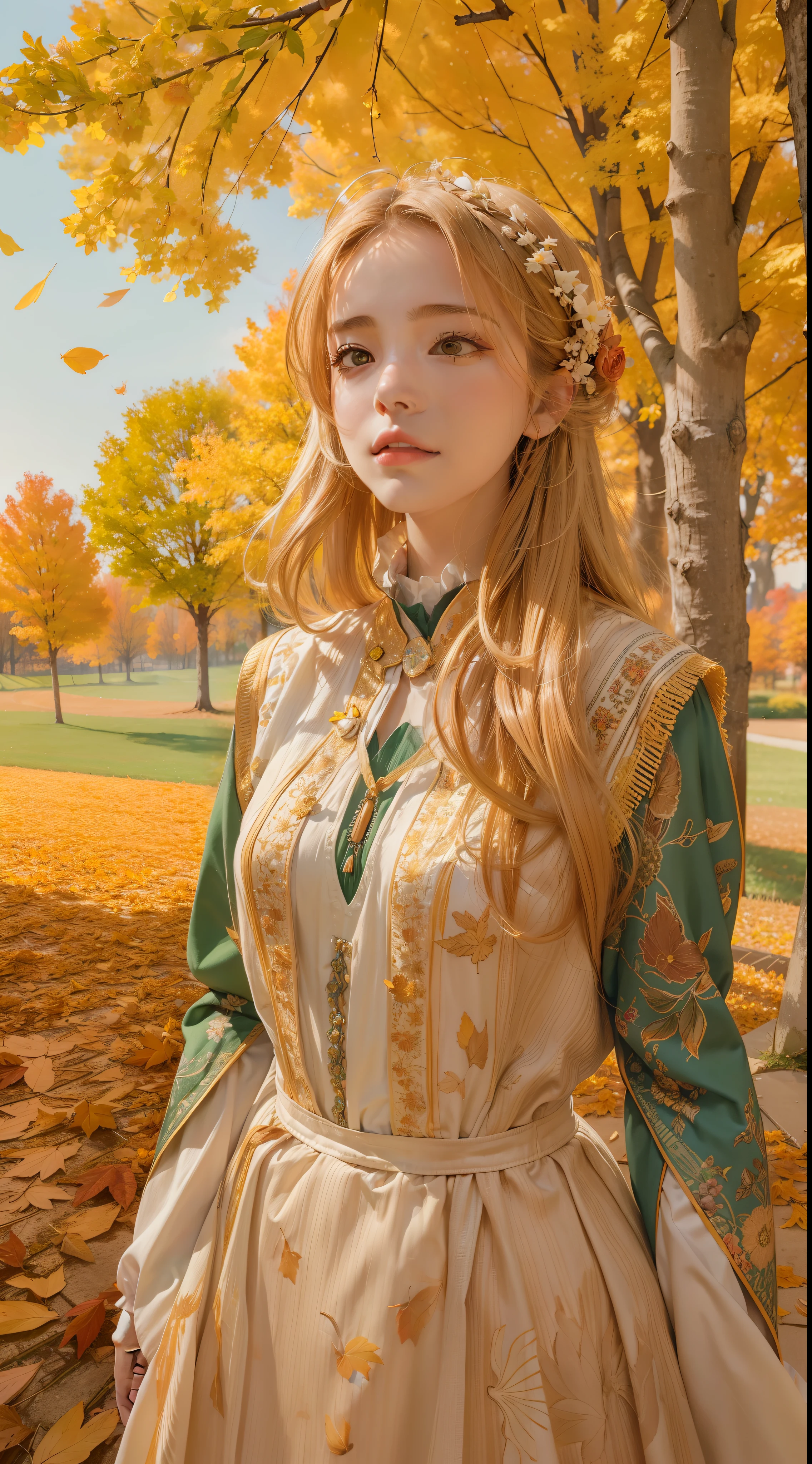 Picture quality:Highly detailed masterpiece 8K high resolution content:On the fields in autumn,The autumn breeze blows,Autumn leaves float in the air,There are shimmering particles fluttering,Warm light background:1girll,Surrealist portraits of women by David Hockney and Alphonse Mucha,hair glowing,vivaciousness,whaite hair,long whitr hair,in blouse wearing,Lazy action atmosphere:warm and comfortable,With a little cool autumn light:warm color:High saturation,Bright composition。:Vista composition Foreground perspective Style reference:photographrealistic