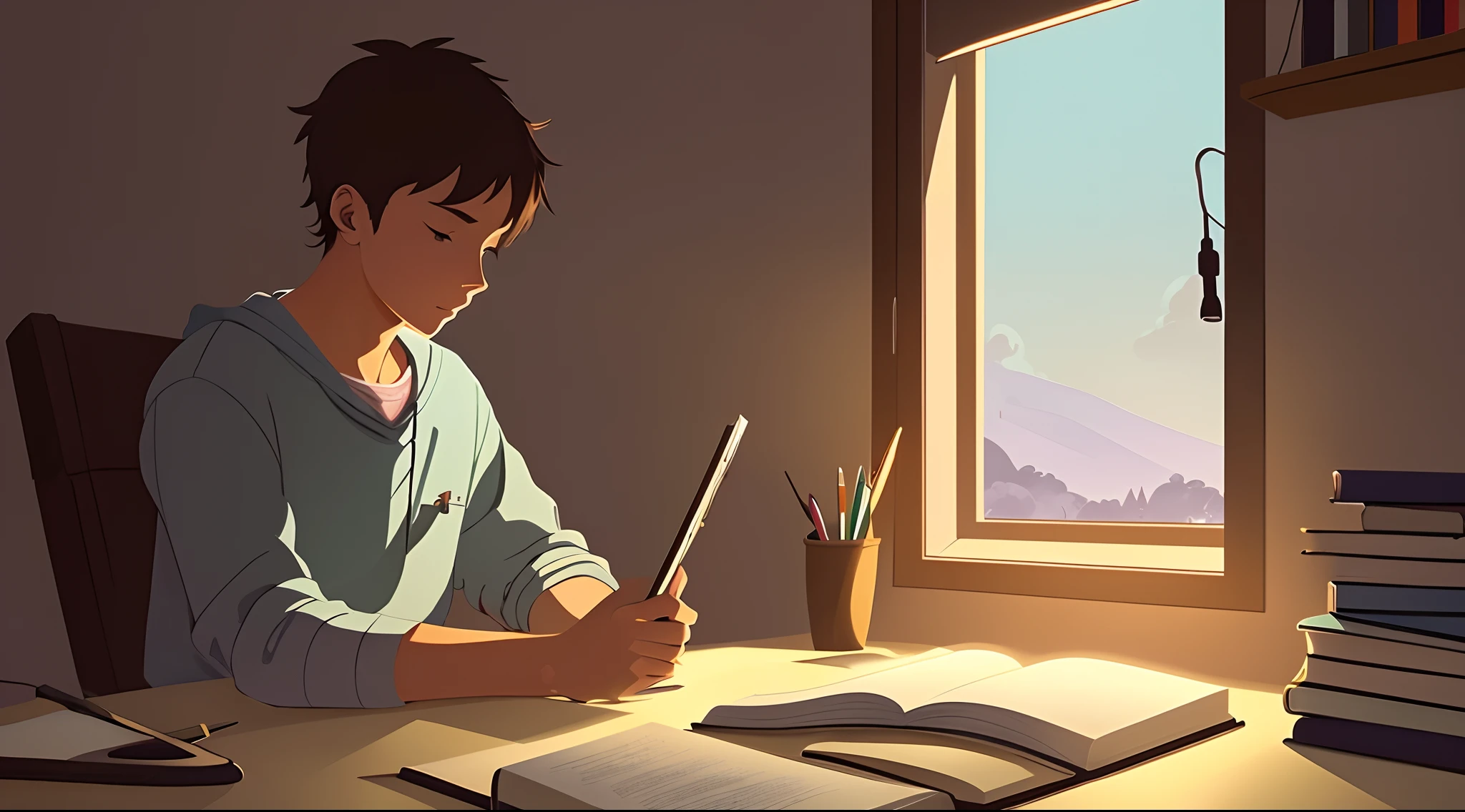 Homem sentado em uma mesa com um livro e fones de ouvido, Chiaroscuro estudioso, estudar em um quarto iluminado, Cyril Rolando e Goro Fujita, Arte no estilo dee ghibli, tentando estudar, Estudar, Makoto Shinkai , inspirado em Liam Wong, estudioso, estudar no quarto, lofi.