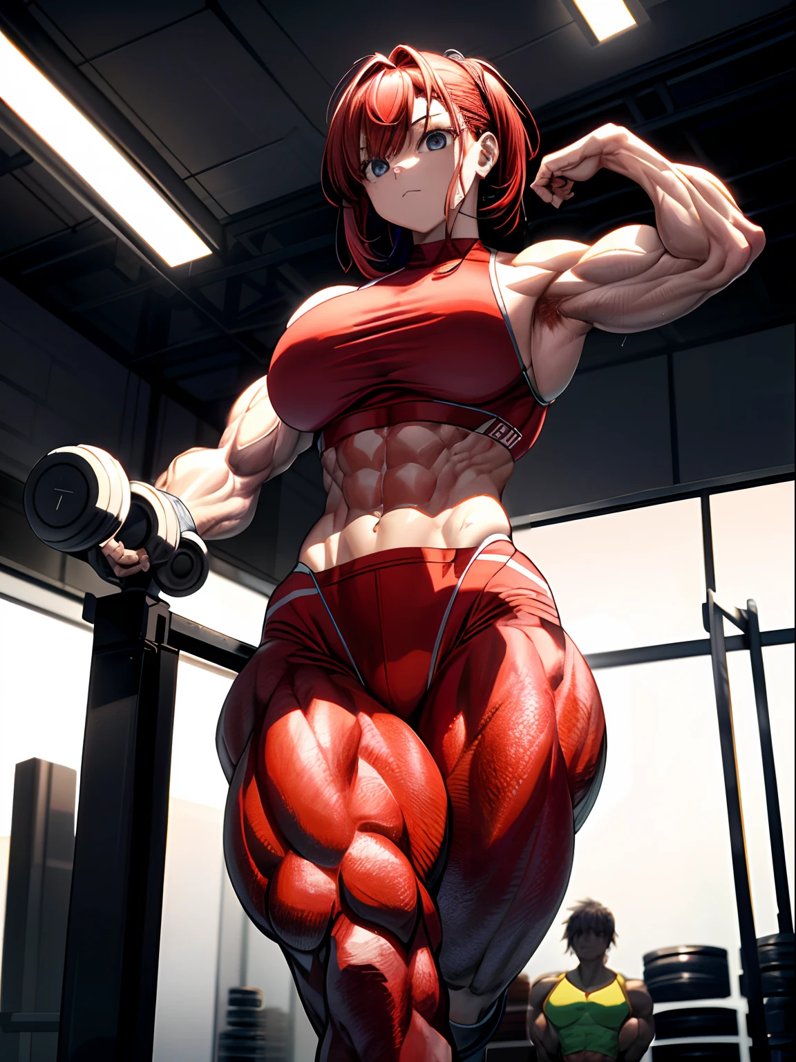 (BEST lighting) , (ultra intricately detailed) , 4K unification, (super-detailed CG: 1.2) , (8K: 1.2),(Original), (Masterpiece) , (Best quality),(Masterpiece:1.4),Anime-ish high quality,(Masterpiece),Masterpiece, Best quality, absurderes,((masterpeace, 4K, 8K, Yes, A high resolution))1girll, she is walking,Head to the gym,Crop topping, The blood vessels in the arm bulge like a snake,Spring, Boots, Perfect figure, Short red asymmetrical hair, Sweat, Dynamic pose, ((body builder:1.5)),The strongest in the world,gym background,(Beautiful bace),(Girl),(Female),(((Upper body:1)))