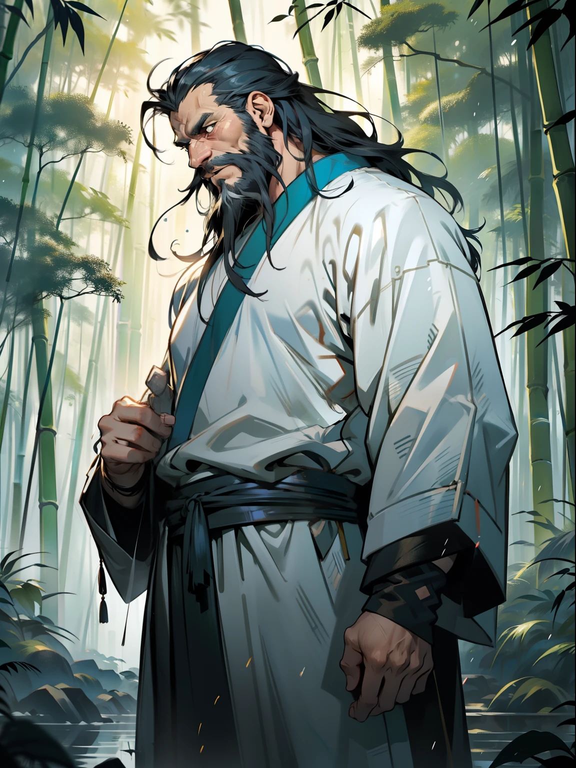 Deep in the bamboo forest, Chinese Ancient Times,raining day, A middle-aged male, 50yearsold, With a beard,long whitr hair,emaciated,dressed white hanfu, Standing in a bamboo forest, A hand touched his beard,Place one hand behind your back,look up to,Quiet, Cinematic lighting, in a panoramic view, Masterpiece, ccurate, Super detail, Award-Awarded, Best quality