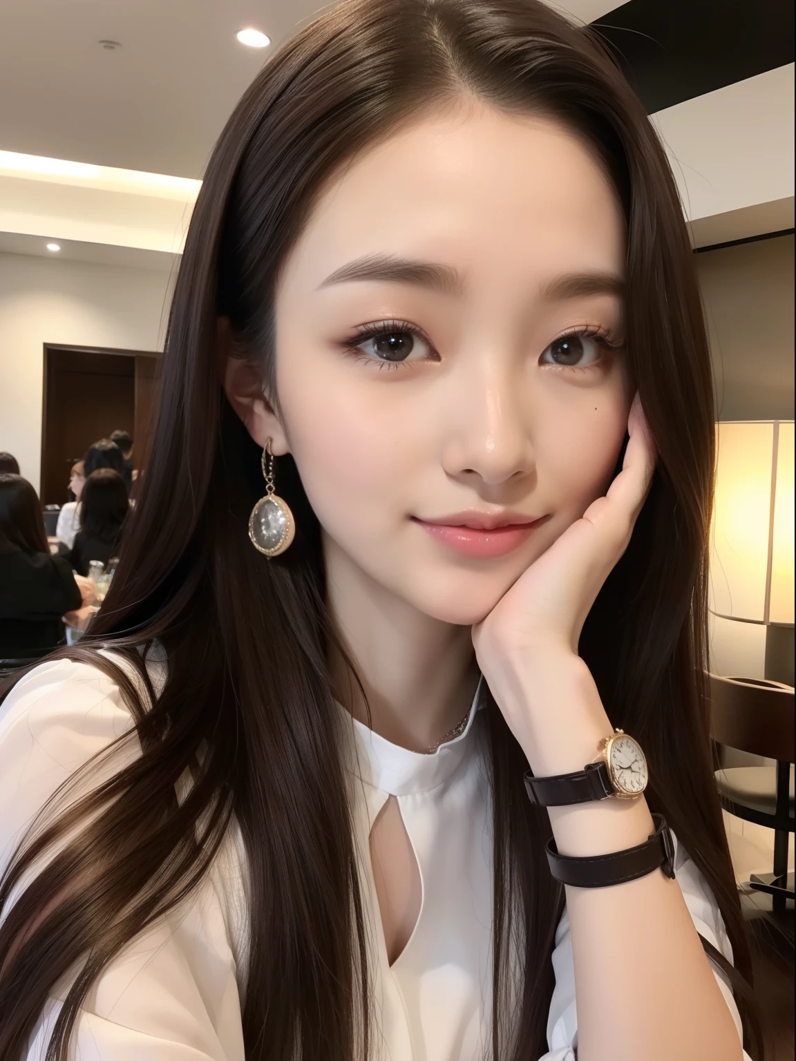 masterpiece, best quality, 1girl, (bsb, behsuke:1.3), long hair , Carly hair, Detailed fine dining、Stylish restaurant、Italian、French、cutlery、Dark brown hair、Luxury Bags、Luxury Watches、doress、having clothes are worn、a smile、date、cute little、eyes large、long lashes、Luxury、Nail、Small face、Tall、Over the table、slender、blouse、a small nose、Wide forehead、Girls 18-20 years old、Only 1 person