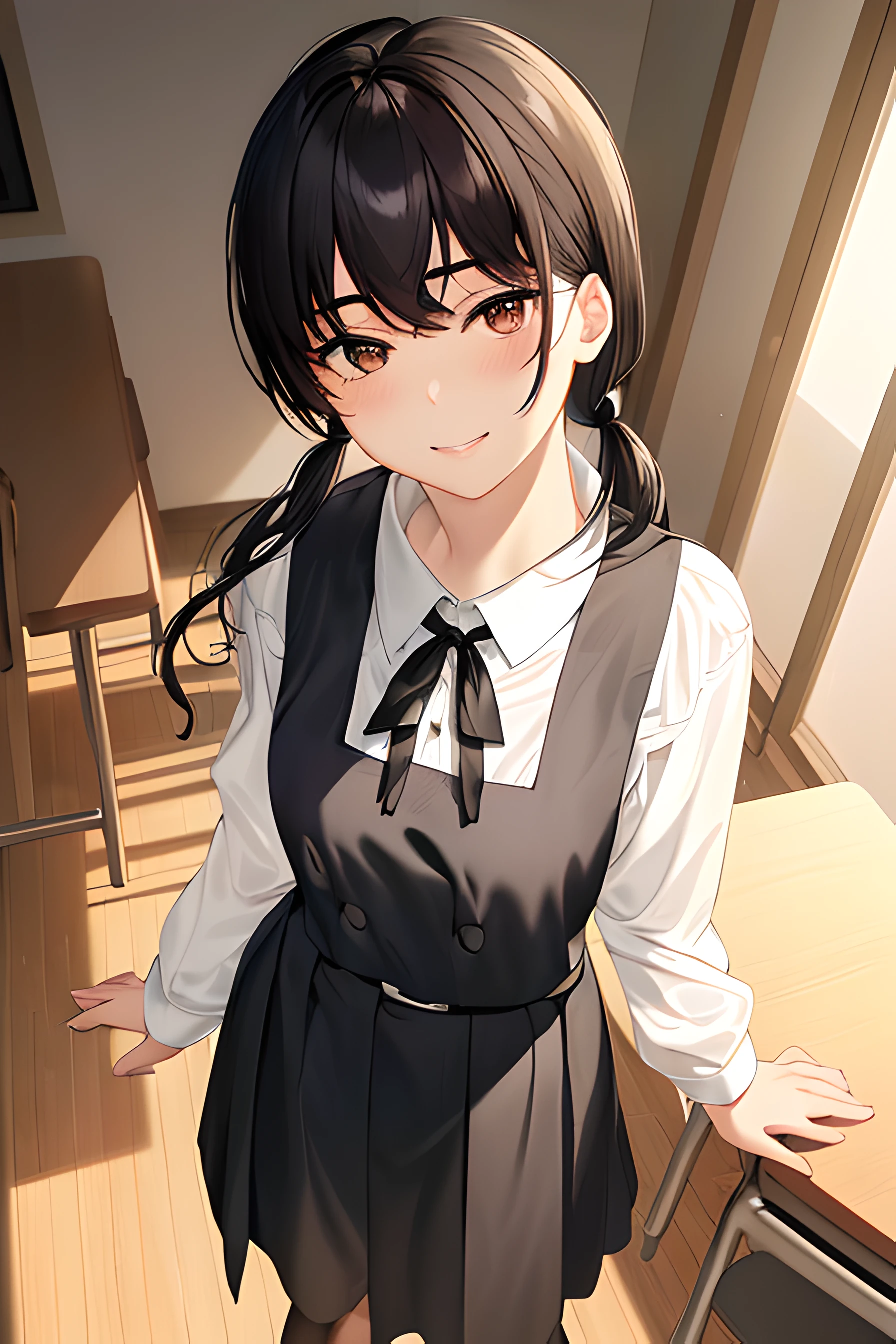 8k, raw camera, highres, detailed, masterpiece, portrait, photorealistic, hyperrealist, aesthetic, beautiful, best quality, highly detaile, best quality clothing, aesthetic clothings, professional angle, rule of thirds, Feminine, delicate, beautiful, 19 years, attractive Japanese, solo, 1 girl, (Asa Mitaka), (In School Classroom ), (Full body), ((From Front) Shallow Depth of Field), -, ((Calm)), (Medium  Hair, Black Hair), (Loose Hair, Bangs, Hair Clip on one Side of the Bangs, Semi Wavy Hair), ((Twin Tails Back)), (Dark Brown Eyes, Open Eyes, Concentrated Gaze), (-, Hands Down Holding Book), (Standing, Mouth Closed Smiling), -, -, (Medium Bust), ((Black Pinafore and White Shirt underneath, Long Sleeves)), (Black Ribbon, Black  Belt, -), (-), beautiful body, beautiful eyes, shiny eyes, shiny hair, beautiful mouth, beautiful lips, beautiful skin, beautiful teeth, perfect teeth, beautiful face