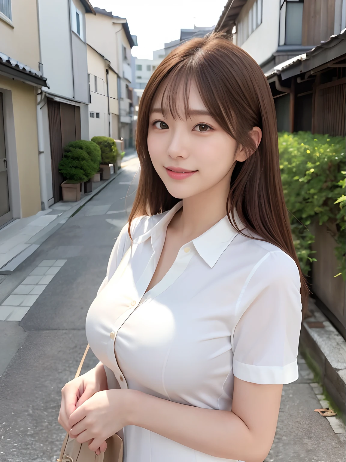 masutepiece、Supreme Beauty、Beautifully shaped breasts、​masterpiece, 1 rapariga, 独奏、White shirt、suits、detail, depth of fields, 135 mm, Textured skin, Super Detail, High quality, awardwinning, Best Quality, hight resolution, 8K, de pele branca,Koi brown hair、Random Hair、cute  face、A big smile、Adult beauties、25-years old、1 person per Japan、Top image quality、Ultra-high resolution、8K、Bright sunshine、Delicate Photos、Back alley、Realistic background