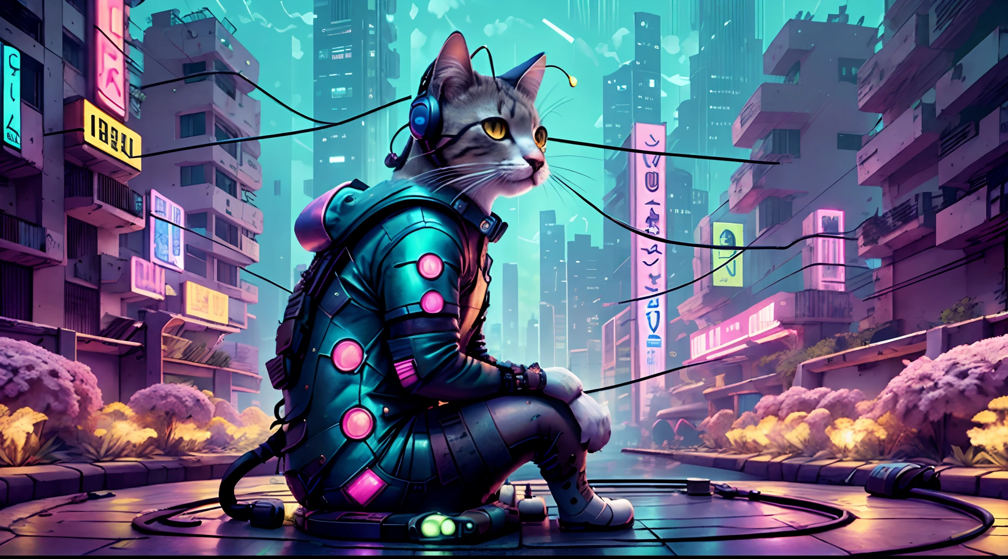 A cat with headphones and a jacket is sitting on a large lily leaf in a fountain. Cyberpunk and post-Soviet modernism style themed. closeup view, neon lights., Pop art, Pixar, three sided view, UHD, anatomically correct, textured skin, super detail, high quality, 4K