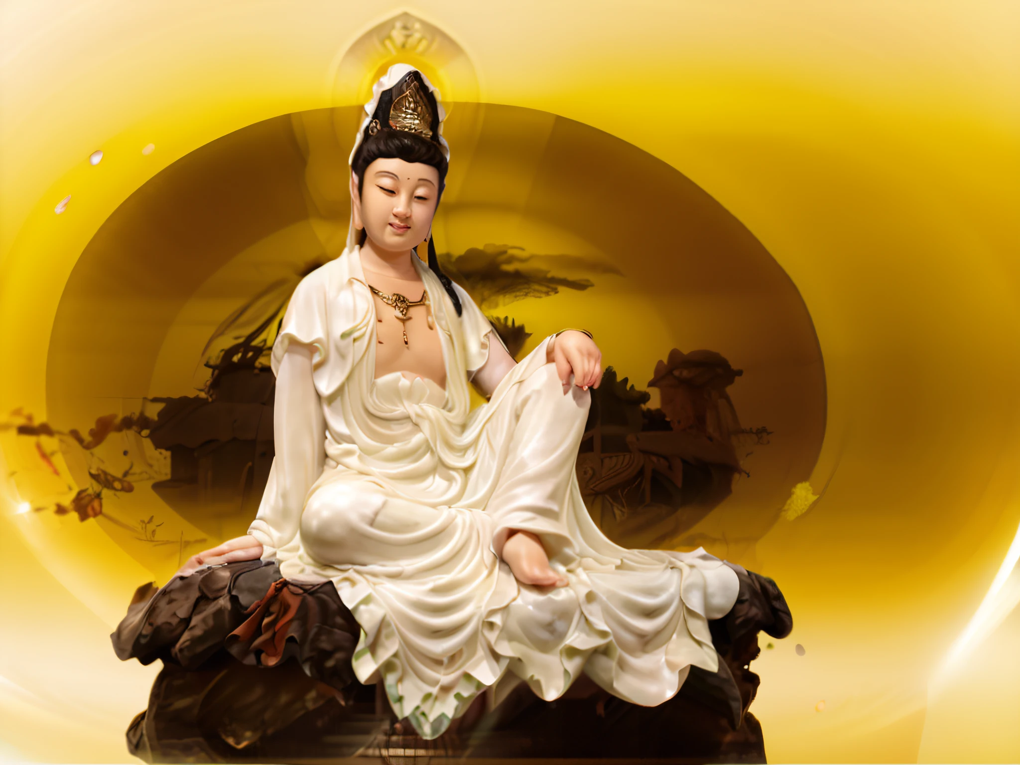 Amazing portrait of oriental beauty in yellow Hanfu，（Meditation cross-legged:1.3），（Beautiful eyes looking straight ahead），long eyelasher，A solemn expression，（Perfect human legs）（（Prayer gestures）），Perfect facial features，Refined face，high definition detail，Deep shooting ，（sitting cross-legged），Smiling，The light from the back window is backlighted，the soft light，divino，cinematic edge lighting，Delicate sheen，（（long trousers）），（（Plain white background））（(no head gear)）