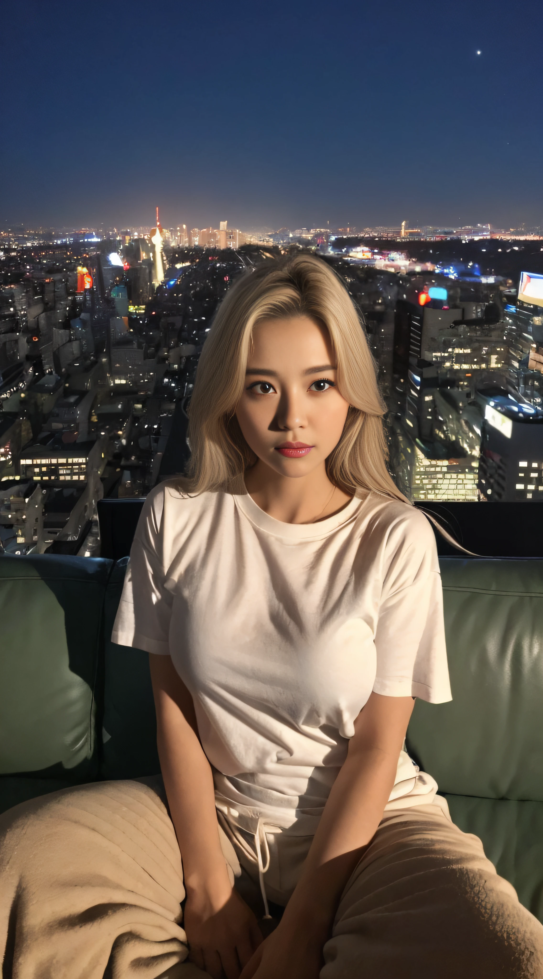((mid night、top-quality、8K、masterpiece:1.3)), full body Esbian, long legged, foco nítido:1.2, Beautiful woman with perfect body shape:1.4, Slender Abs:1.1, ((Bright golden hair、Colossal tits:1.2)), ((Plain white tight t-shirt)), ((Night City View、On the rooftop:1.3)), Highly detailed facial and skin texture, A detailed eye, 二重まぶた, Sitting on a large sofa, Wear oversized sweatpants