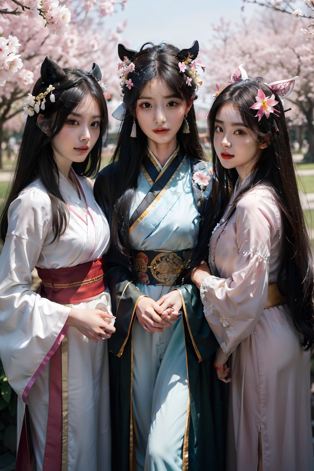(8K, RAW photo:1.2), Best quality, 超高分辨率,Dramatic angle,(fluttering detail color splash), (illustration),(((3 girls))),(Long hair),(rain:0.9), (head gear:1.4),There was an ancient palace behind the three of them,Hanfu,(focal point),colored ink drawing,(Splash color),Splash color,(((Colorful))),(sketching:0.8) , realistic skin textures,highly detailed,8K wallpapers,tmasterpiece,ultra - detailed,Detailed facial features,Volumetriclighting,动态照明,Bust photo,1 man,ssmile,Peach Blossom Forest,cabelos preto e longos,horse tailed,White Hanfu,red waistband,Petals flying,Hazy,Ancient royal palace architecture,电影灯光,dynamic viewing angle,A handsome guy has three beautiful women beside him,Handsome guy is tall and handsome,Hanfu,Beauty is beauty,(Stone garlic),