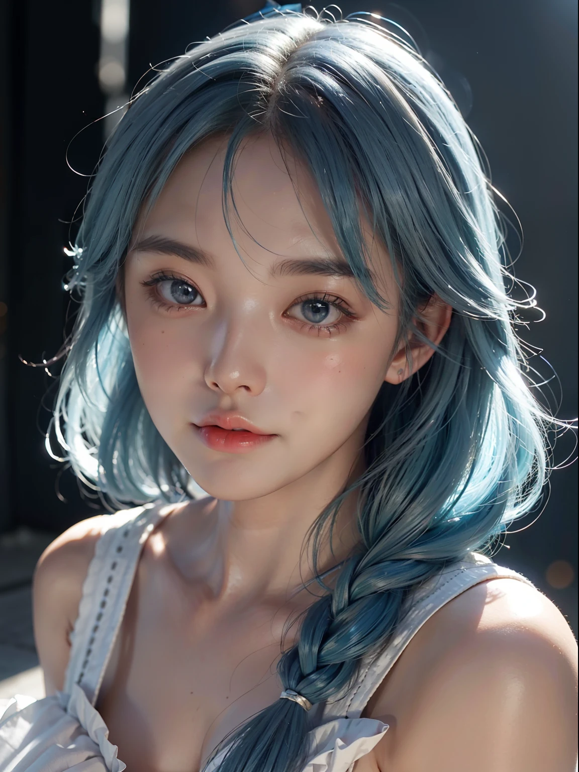 1girl in、Light smile、Shiny skin
Highest Quality, masterpiece, (Photorealsitic:1.4), High Detail RAW Color Photography, (Elegant and beautiful face), (Skin details), (oils: 0.6), (tesla coil: 0.4), softlight, (side lights: 0.8), Shadow Projection, Deep Focus, Leica 10772 MP, Shot with an 85mm macro lens, F/8 Aperture, film still, idol(Cute、kawaii), (extra detailed face) (Highly detailed and expressive eyes), Bob hair with blue hair color、Idol costumes、Less revealing blue and white frifled dress、Idle Pose