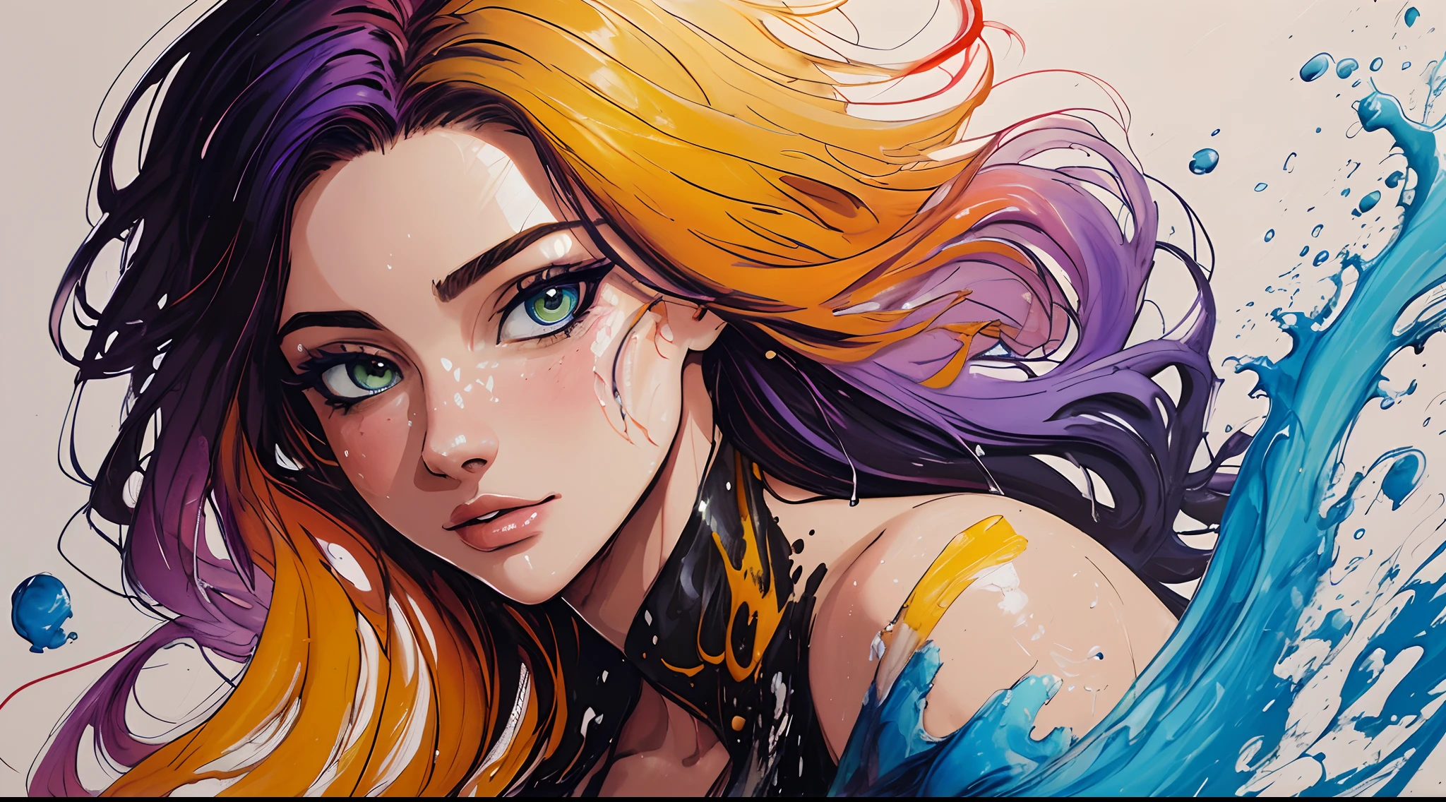 Colorful beautiful woman: a giru 20-years old, messy hair, oil painting, nice perfect face with soft skinice perfect face, blue yellow colors, light purple and violet additions, light red additions, intricate detail, splash screen, 8k resolution, masterpiece, cute face,artstation digital painting smooth veryBlack ink flow: 8k resolution photorealistic masterpiece: intricately detailed fluid gouache painting: by Jean Baptiste Mongue: calligraphy: acrylic: watercolor art, professional photography, natural lighting, volumetric lighting maximalist photoillustration: by marton bobzert:, complex, elegant, expansive, fantastical,  wavy hair, vibrant