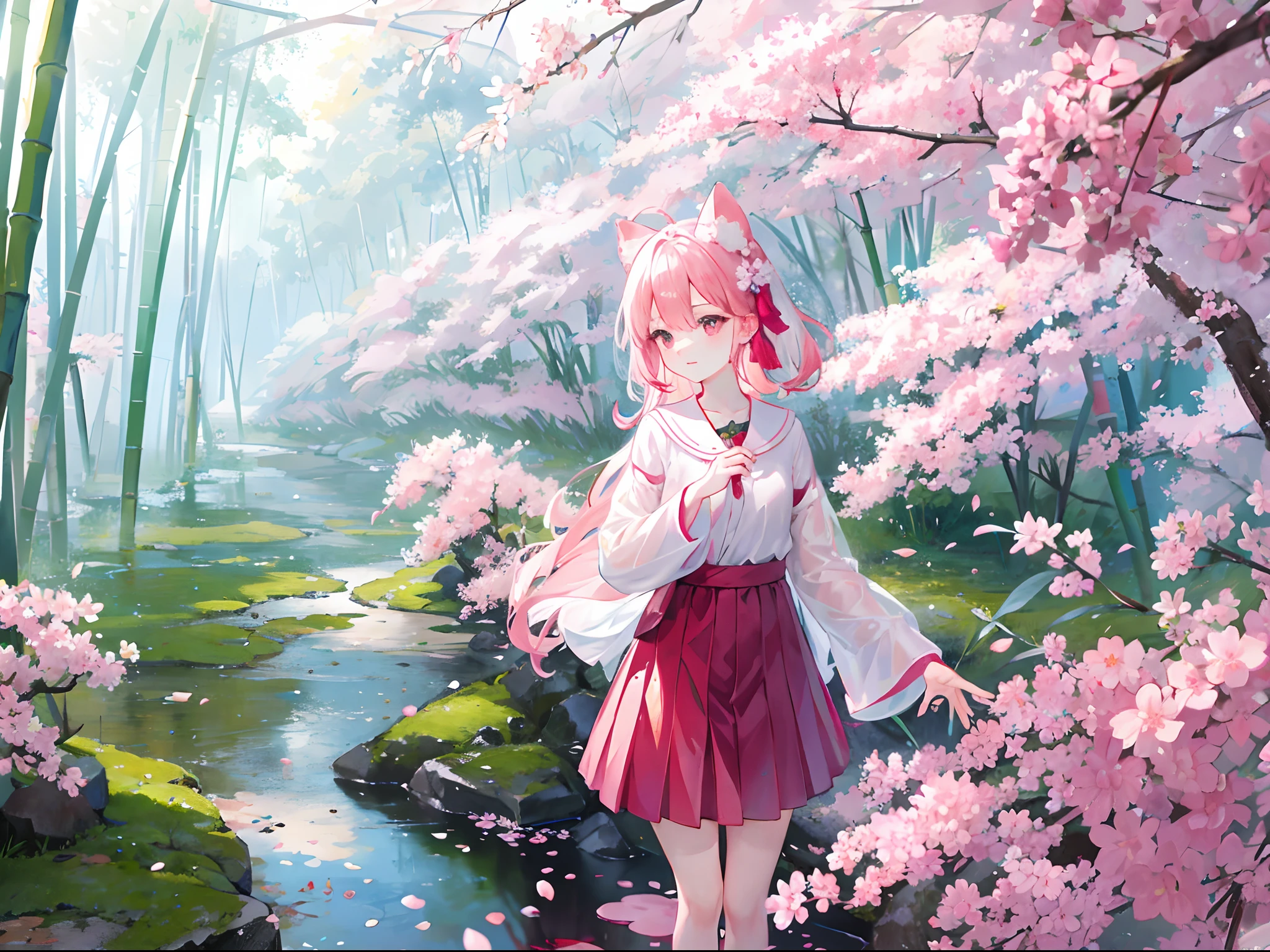 rained,cherry blossoms falling,bamboo forrest