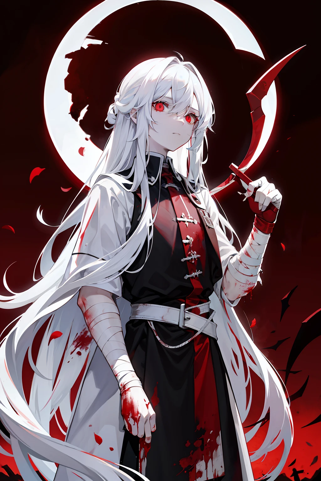 Long pure white hair，He was covered with bandages，A lot of blood，red color eyes，Lots of wounds，Scythe of Death，burial site，Blood red moon