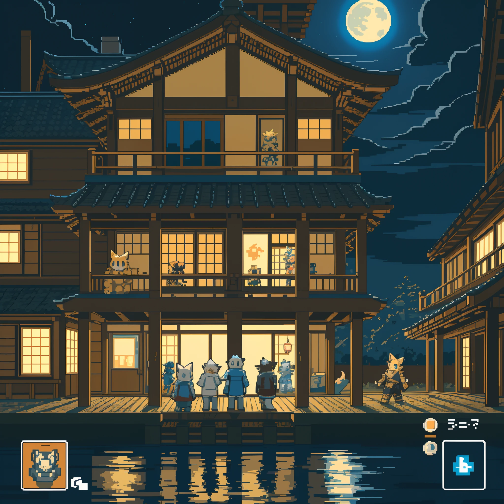 highres, absurdres(highly detailed beautiful face and eyes)perfect anatomy, detailed background, User Interface of Action game, side view game, dots game, pixel art, night, japanese house, deteriorated furniture, windows, moonlight, 6+boys, 6+girls, expression, good lighting, cinematic shadow(kemono, furry anthro)assorted poses,