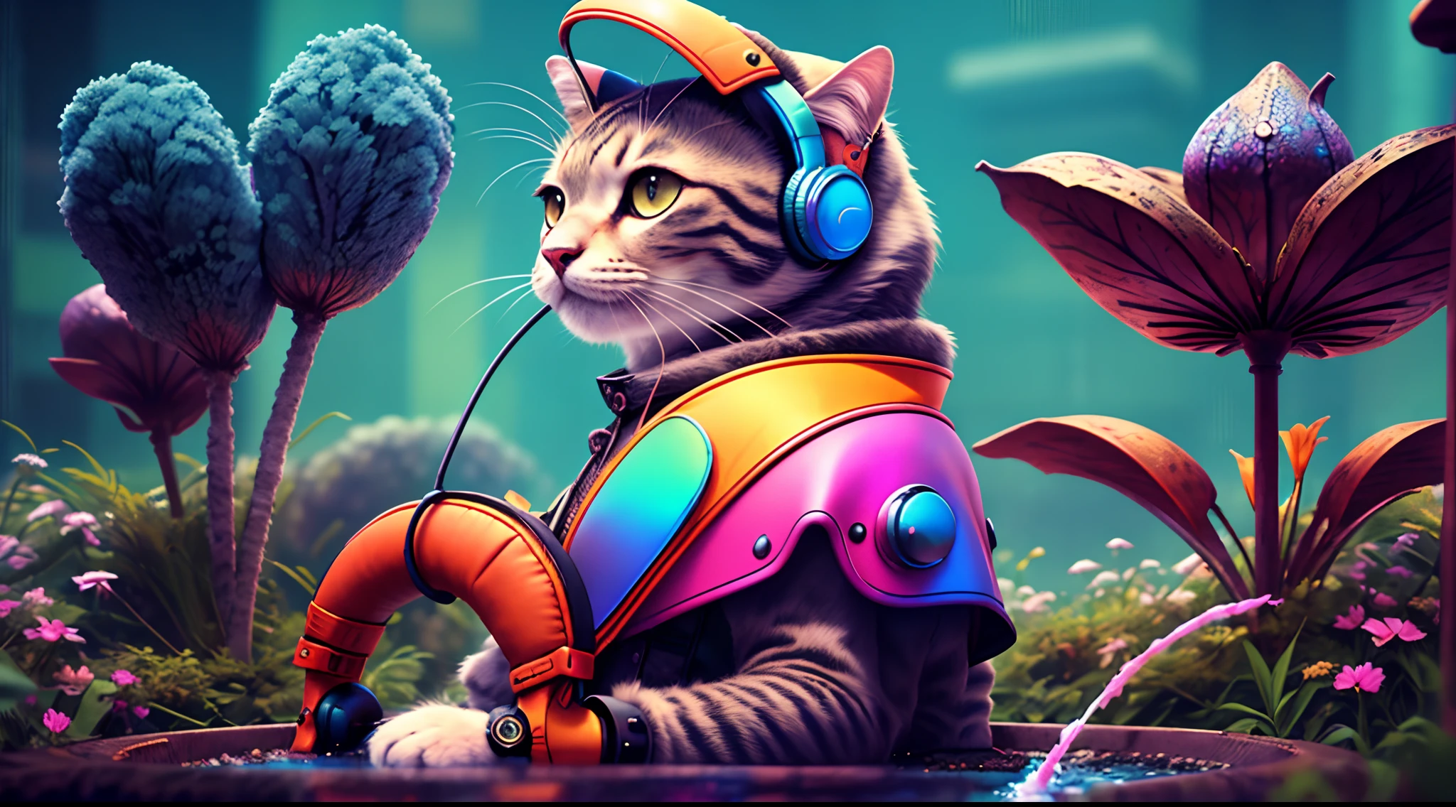 A cat with headphones and a jacket is sitting on a large lily leaf in a fountain. Cyberpunk and post-Soviet modernism style themed. closeup view, neon lights., Pop art, Pixar, three sided view, UHD, anatomically correct, textured skin, super detail, high quality, 4K