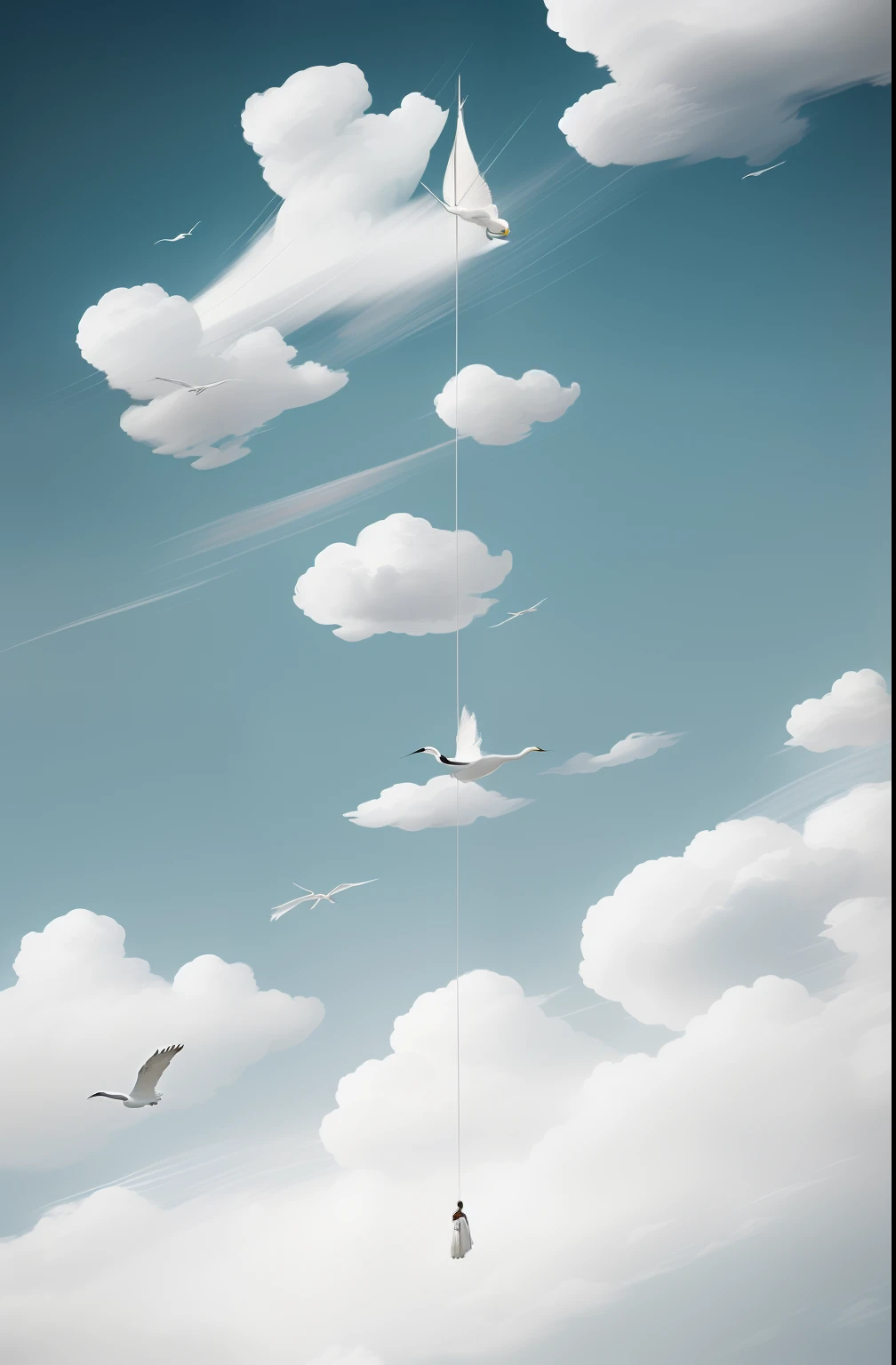 1male people,(White robe),A flowing white robe,A beautiful man with grace,Riding a white crane,Soar through the clouds。The wind gently lifted the robe,As they sail gracefully through the ethereal cloudscape,The feeling of flight is highlighted。