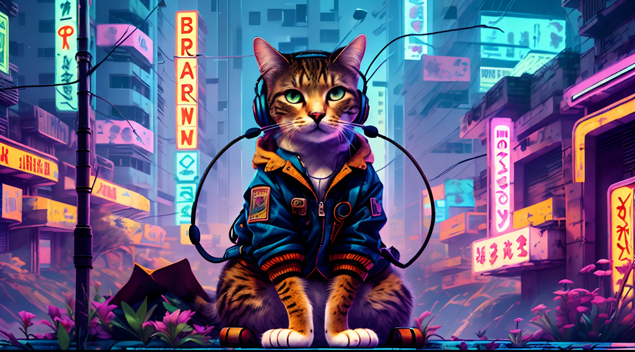 A cat with headphones and a jacket is sitting on a large lily leaf in a fountain. Cyberpunk and post-Soviet modernism  style themed. closeup view, neon lights., Pop art, Pixar, three sided view, UHD, anatomically correct, textured skin, super detail, high quality, 4K