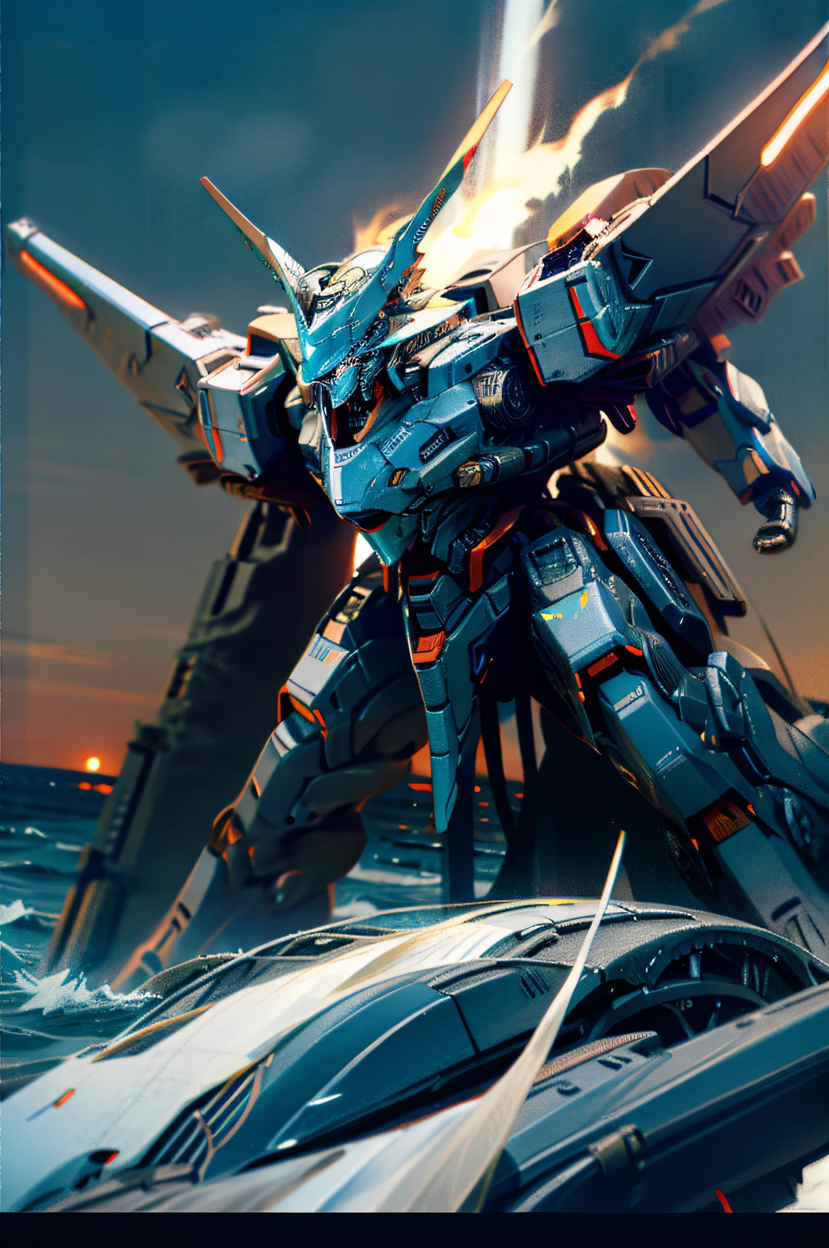 Night at sea,Mecha battle,Two mechs,Realisticstyle