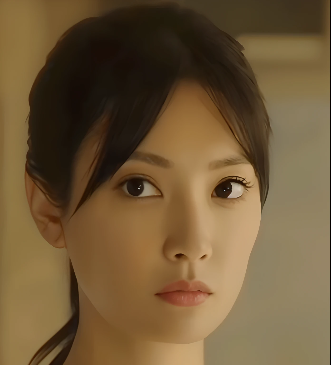 A close-up of a woman in a white shirt looking at the camera, sui ishida with black hair, kimi takemura, japanese live action movie, deayami kojima, beautiful Japanese girl face, Japanese model, yasumoto oka, Yoshitomo Nara, still from live action movie, sidewayglance