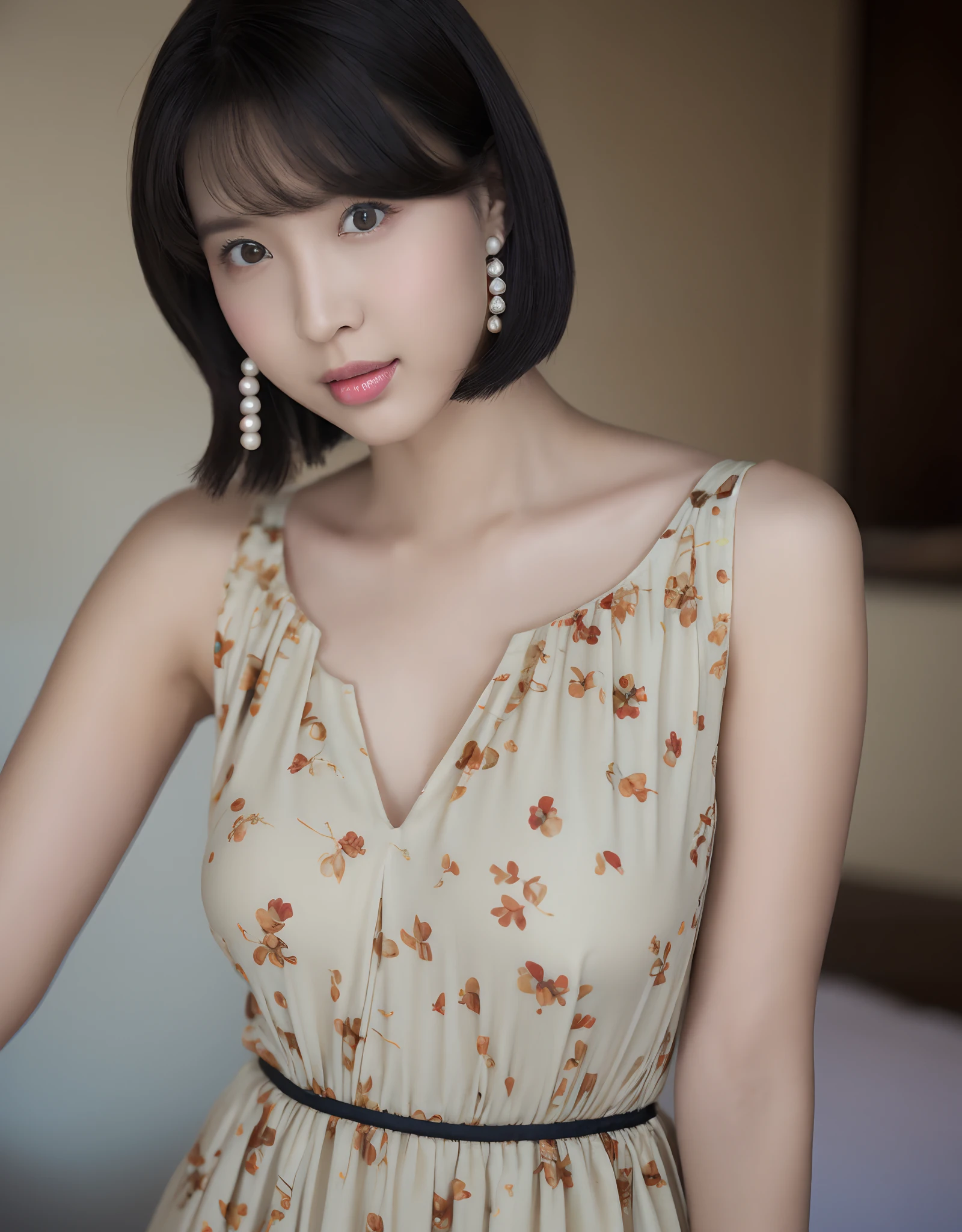 Teenage asian girl with bob hairstyle, Bright almond eyes, Floral dress, Pearl earrings. (8K, Best Quality : 1.2), (masutepiece, Photorealistic : 1.3), Super Detail, Anatomically correct