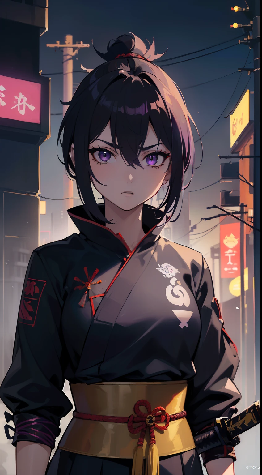 (((traje de samurai estilo cyberpunk, chica con cabello corto rozado:1.3, ojos morado, con katana en llamas, rostro serio))), en una ciudad de noche estilo cyberpunk.