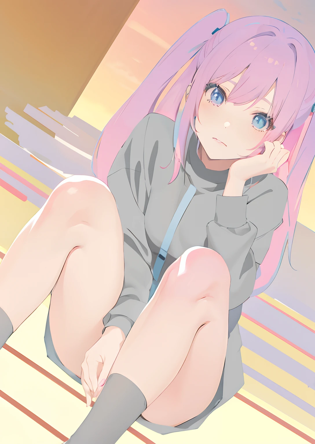 Anime girl with pink hair sitting on a bench with legs crossed, anime moe art style, made with anime painter studio, the anime girl is crouching, soft anime illustration, Smooth Anime CG Art, Flat anime style shading, painted in anime painter studio, beautiful anime girl squatting, pink twintail hair and cyan eyes, Cute anime girl