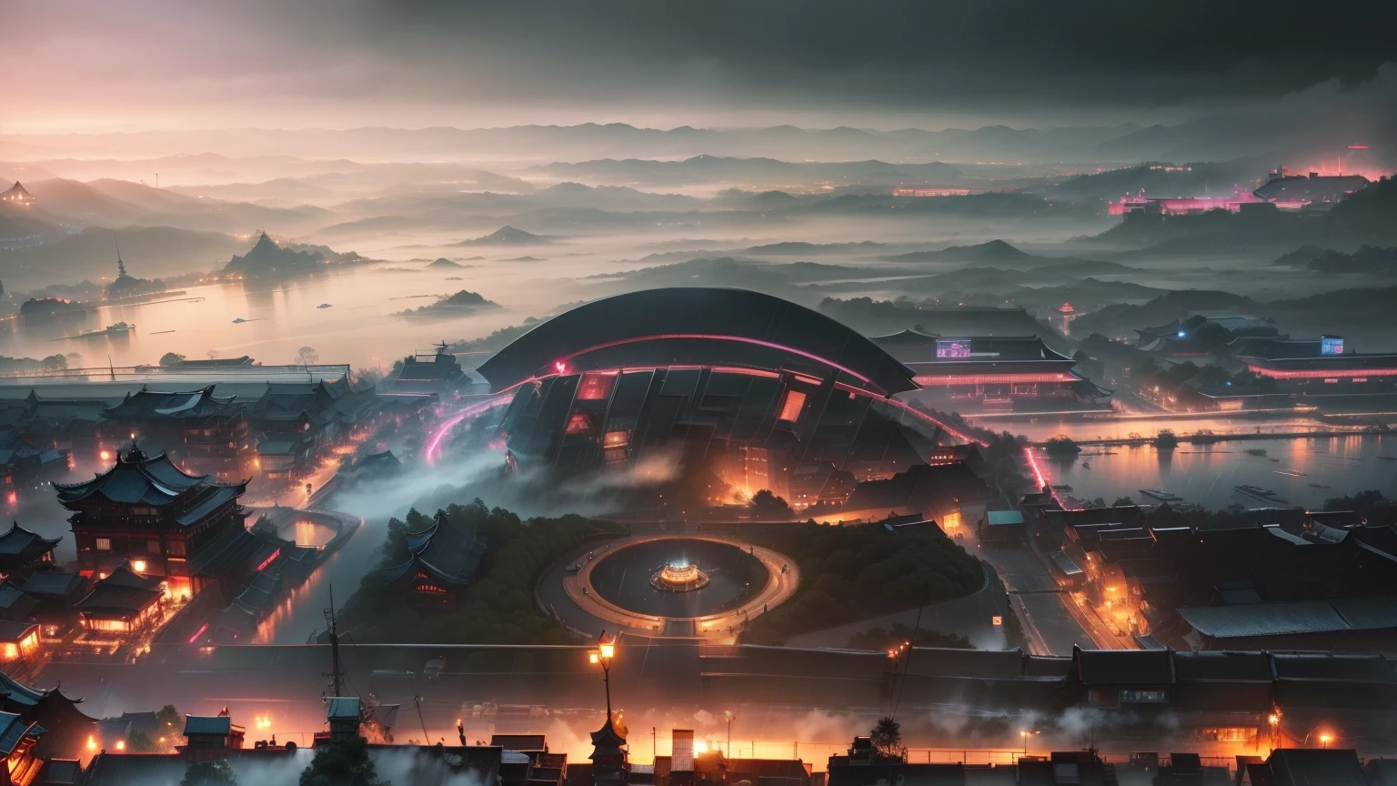 view of a cyberpunk village with a lot of lights on the buildings, dreamy chinese town, chinese village, amazing wallpaper, japanese town, japanese village, hyper realistic photo of a town, old asian village, japanese city, by Raymond Han, rainy evening, cyberpunk chinese ancient castle, beautifully lit buildings, at evening during rain, beautiful and aesthetic, photography, cinematic, 8k, high detailed ((Heavy rain)))