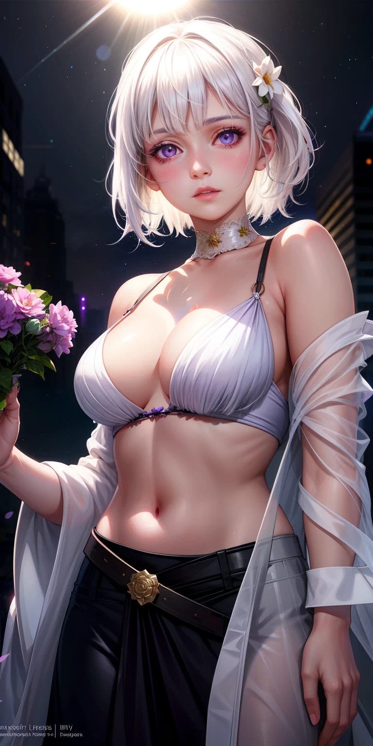 Realistic, 1girl, white hair, purple eyes, glowing eyes, cropped top, parted lips, blush, night, flowers, sun, sunlight, nudity